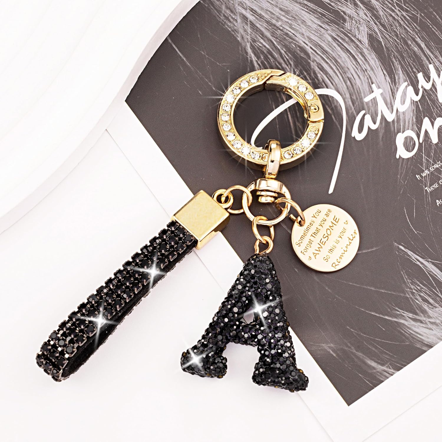 XGALBLA Initial letter Keychains for Women White Pink Black Bling Sparkly Cute Bag Charm Backpack Car Key Accessories Lanyard - Image 3