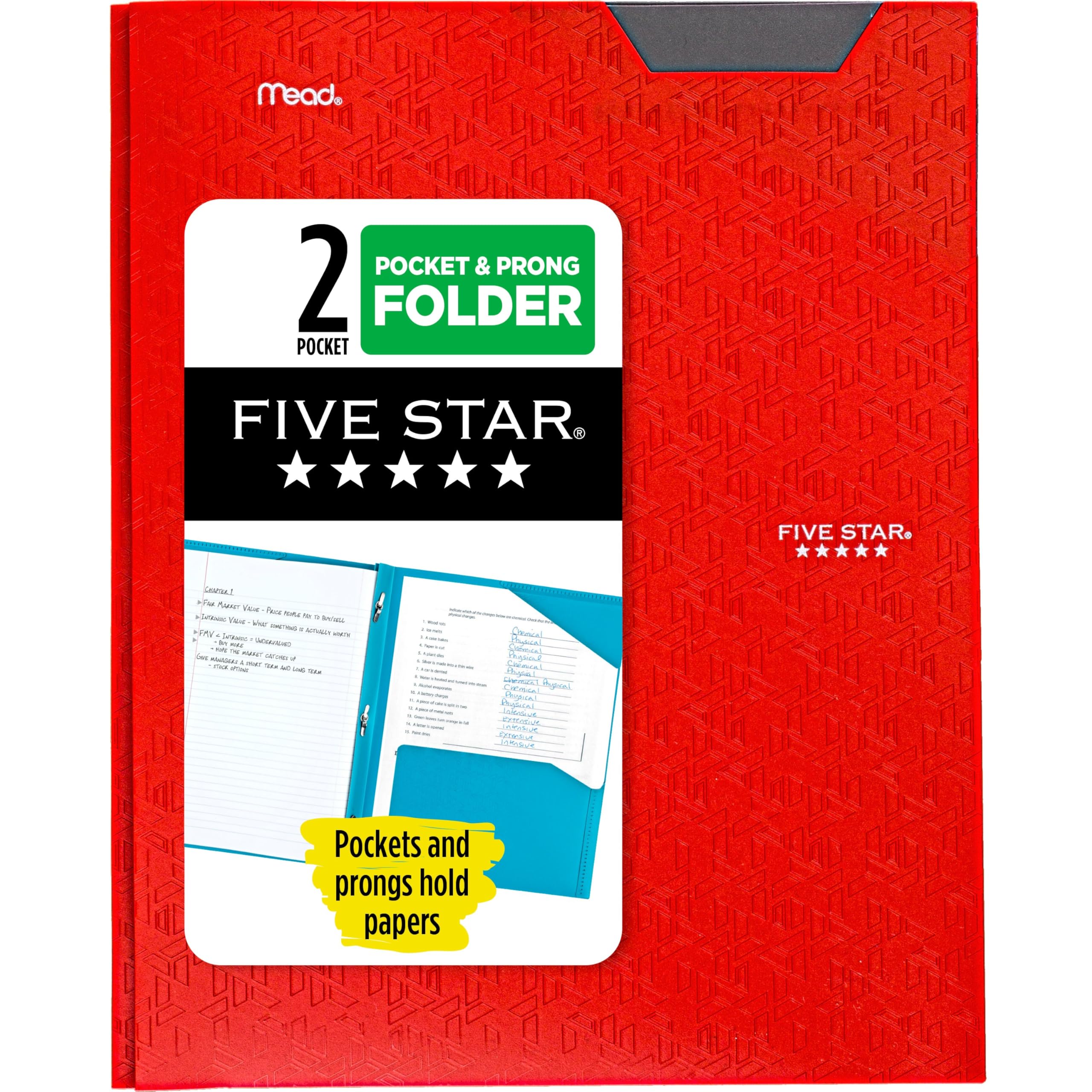 Five Star 2-Pocket Folder, Plastic Folder with Stay-Put Tabs and Prong Fasteners, Holds 8-1/2" x 11" Paper, Fire Red (72109)