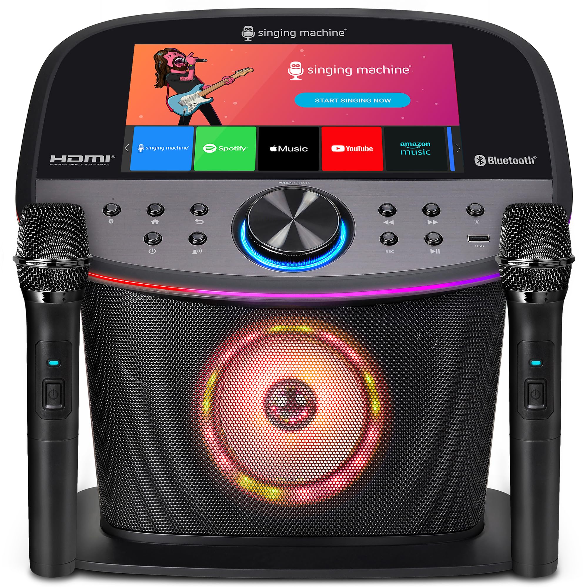Singing Machine Platinum Plus Karaoke Premium con Pantalla – Sistema Todo en Uno – 2 micrófonos inalámbricos – Altavoz Bluetooth Wi-FI – Compatible con Youtube & Spotify – Aplicaciones integradas