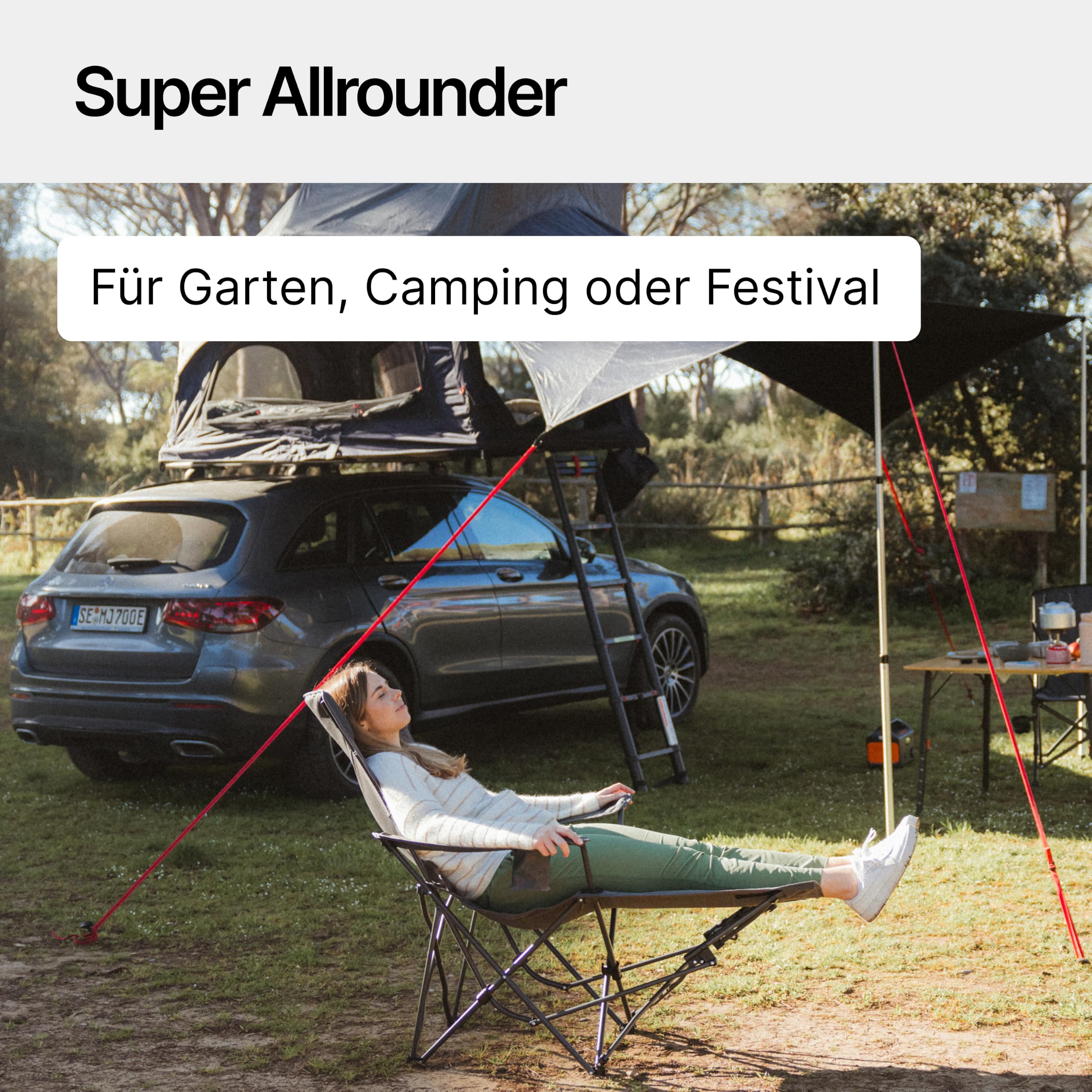 qeedo Johnny Relax Campingstuhl mit Liegefunktion, bis 105 kg belastbar, Faltstuhl mit Fußablage, Getränkehalter und Kühlfach, bequemer, Verstellbarer Angelstuhl oder Festivalstuhl
