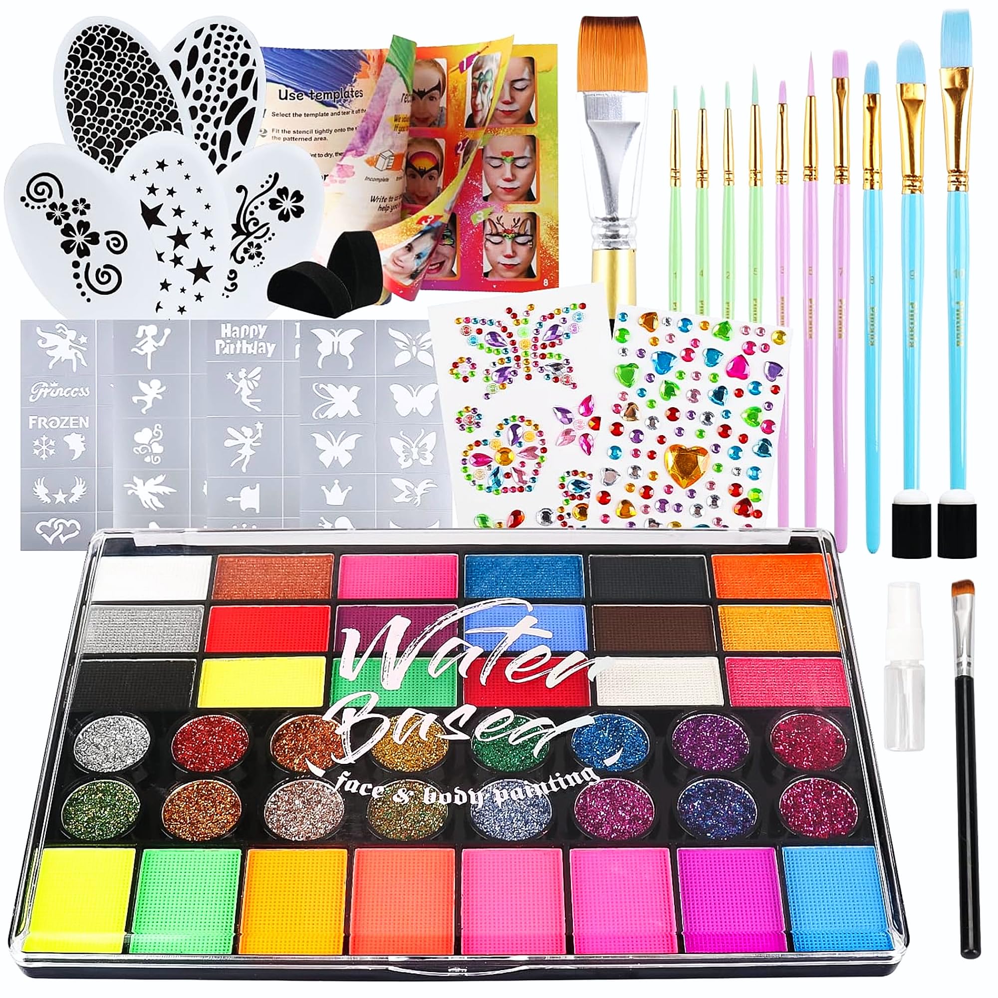Professional 42 Color Face Painting Kit For Kids And Adults | Non Toxic Water Activated Face Paint Palette With Uv Glow And Glitter Colors | Includes Brushes Stencils Gems-image-26