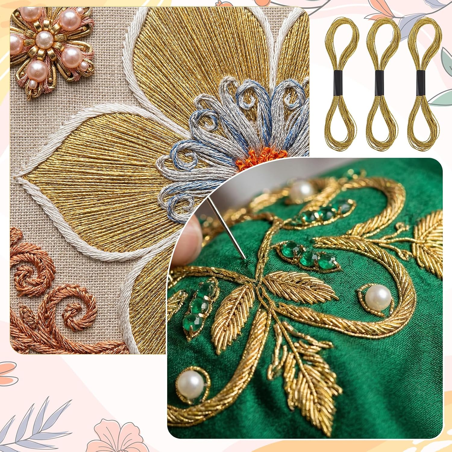Thinp 12 Skeins Metallic Embroidery Floss, Glitter Gold Embroidery Thread Polyester Metallic Cross Stitch Thread for Cross Stitch DIY Friendship Bracelet String (Gold)