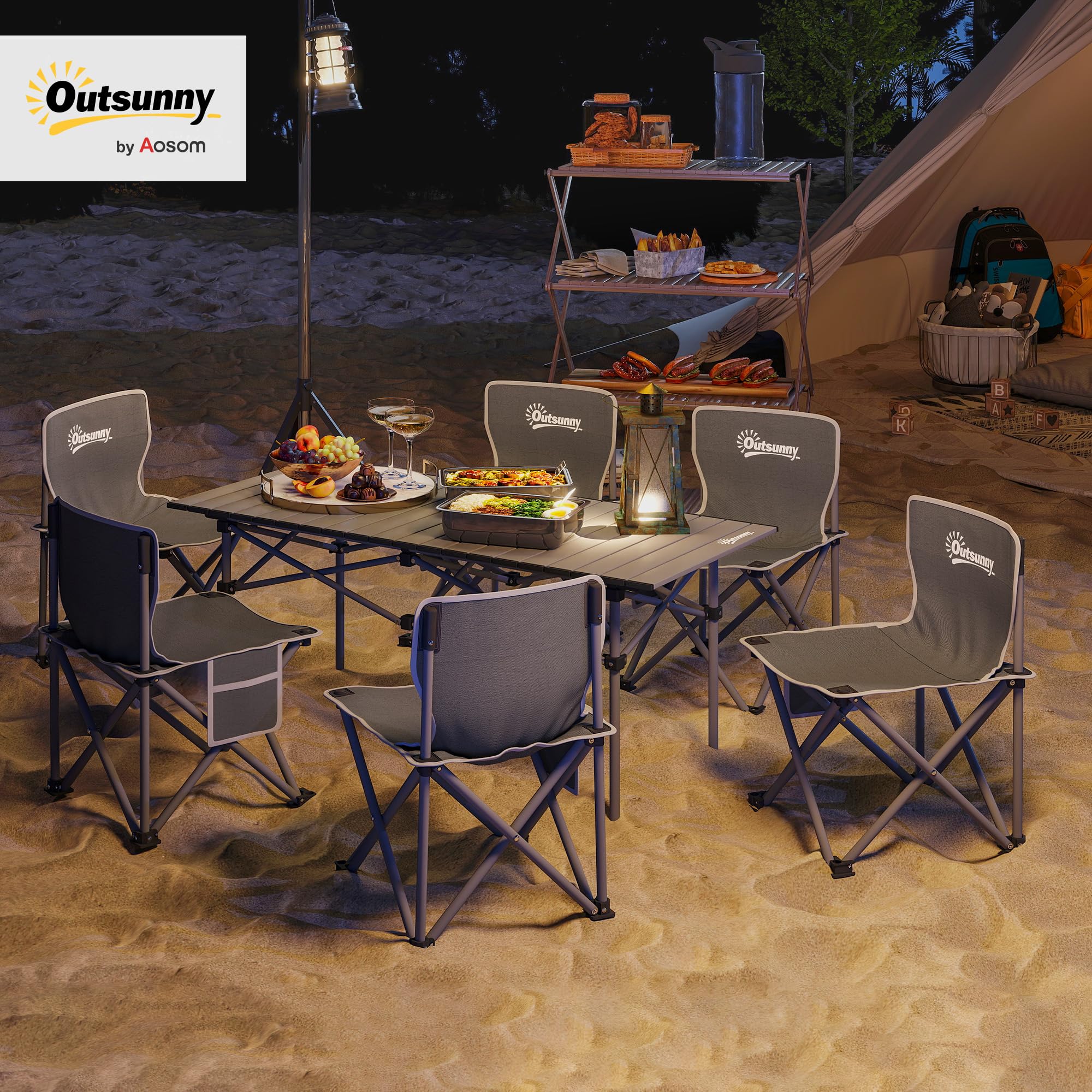 Outsunny Table de Camping avec 6 chaises Pliantes, Ensemble Table et Chaise de Camping 7 pièces avec Sacs de Transport et Poches latérales, 120 x 55 x 50 cm, Gris foncé