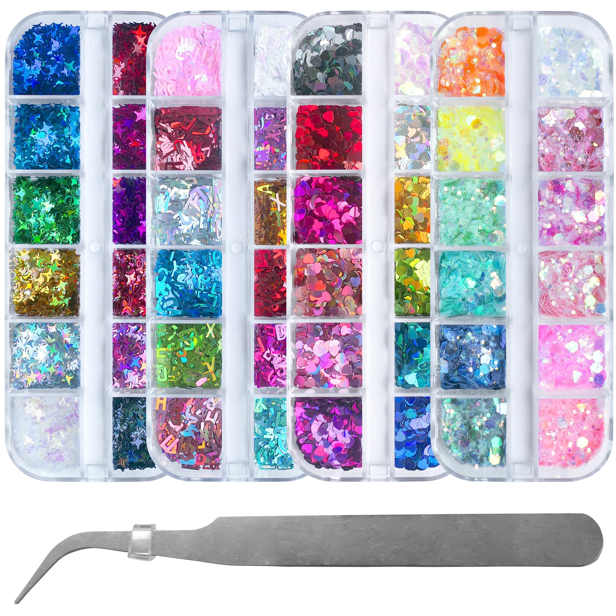 LoveOurHome 4 Boxes Holographic Nail Glitters Sequins Set Iridescent Heart Alphabet Letter Star Chunky Glitter Flakes Acrylic Nail Art Tips Stickers