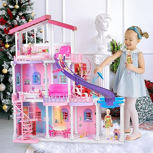Casa de muñecas grande de plástico de 47 pulgadas 2023, casa de muñecas de 3 pisos con más de 15 muebles y accesorios, casa de muñecas montada de