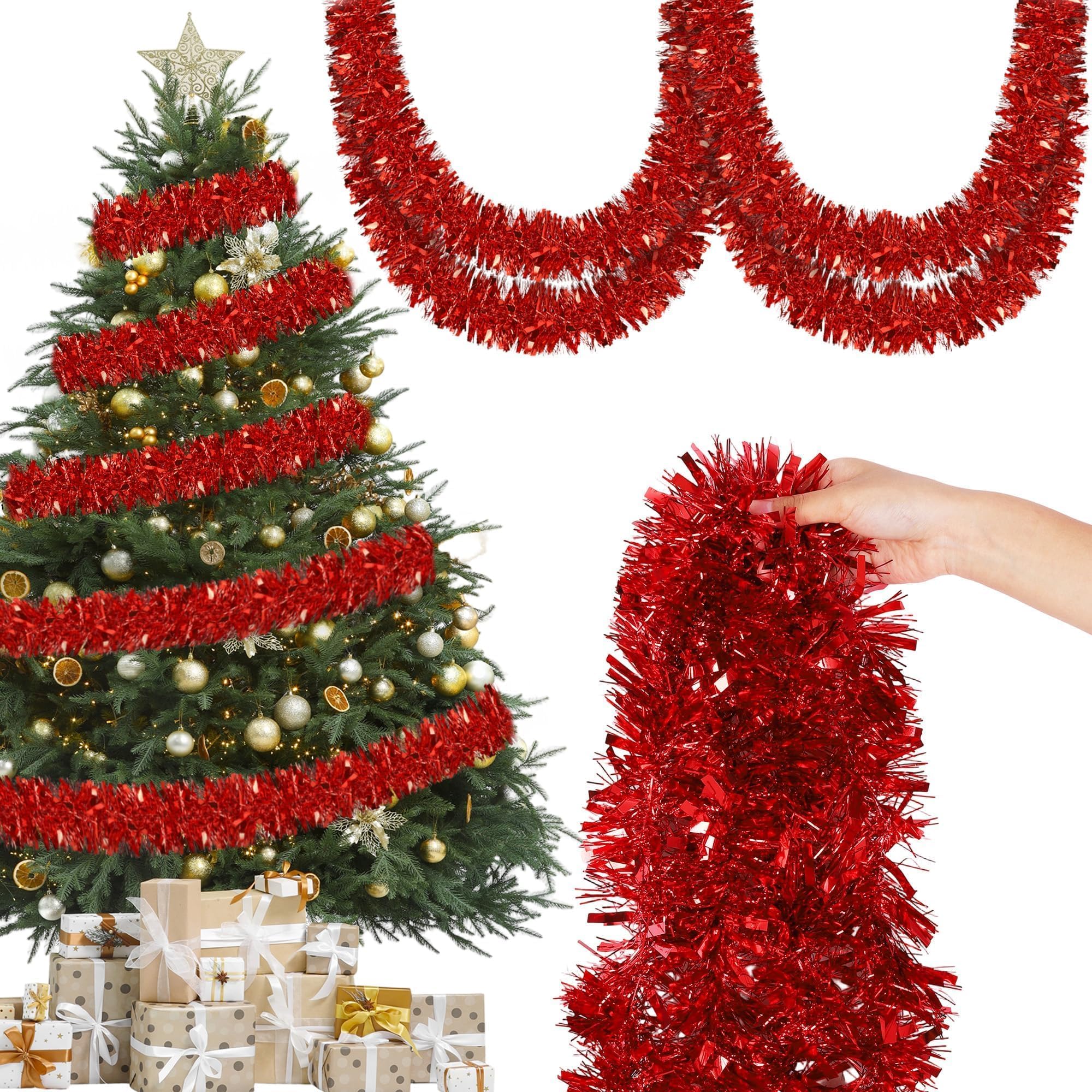 Vivantia 12M Tinsel Garland Metallic Twist Tinsel 9CM Thick Garland Hanging Decorations for Tree Wreath Wedding Events Party Supplies (Red)