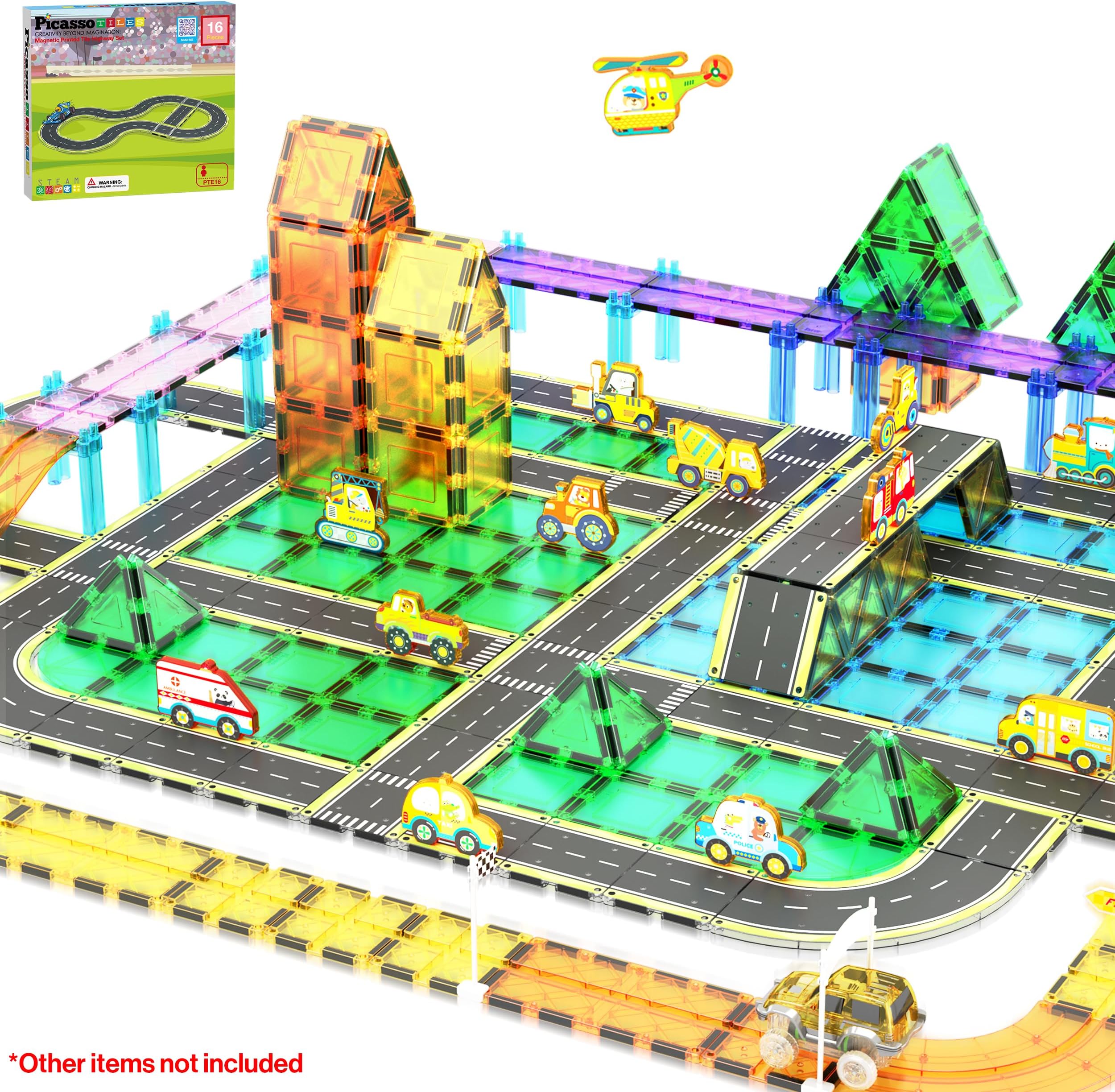 PicassoTiles Magnetic Building Tiles Car Track Magnet Vehicle Adventure Theme Printed Street Road Runway Speedway Highway Block Construction Expansion Add-on Education Learning Toys for Kids 3+ PTE16