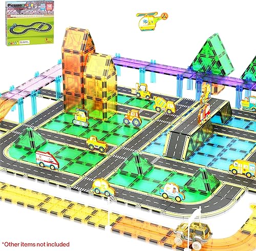 Miniatura 10 de PicassoTiles Kit de Pista de Carrera Compatible con Ladrillos Magnéticos, Juego de Accesorios de Señal de Tráfico, Estabilizadores con Juego