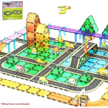 PicassoTiles Magnetic tile car track adventure theme printed road runway racetrack highway magnetic construction tiles block construction role play playset STEM 3+ PTE16