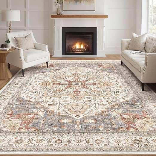 Tortania Area Rug Living Room Rugs - 8x10 Washable Boho Rug Vintage Oriental Distressed Farmhouse Large Thin Indoor Carpet for Living Room Bedroom Under Dining Table Home Office - Orange Multi