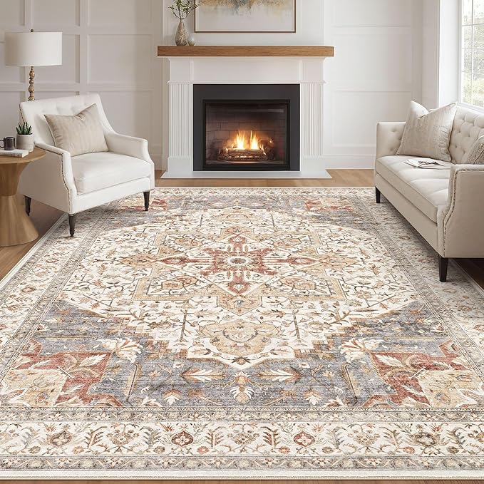Tortania Area Rug Living Room Rugs - 8x10 Washable Boho Rug Vintage Oriental Distressed Farmhouse Large Thin Indoor Carpet for Living Room Bedroom Under Dining Table Home Office - Orange Multi