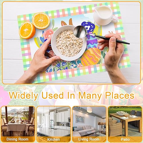 Miniatura 7 de Juego de 4 manteles individuales de Pascua con diseño de conejito de conejo, mantel individual para mesa de comedor de primavera, vintage, búfalo