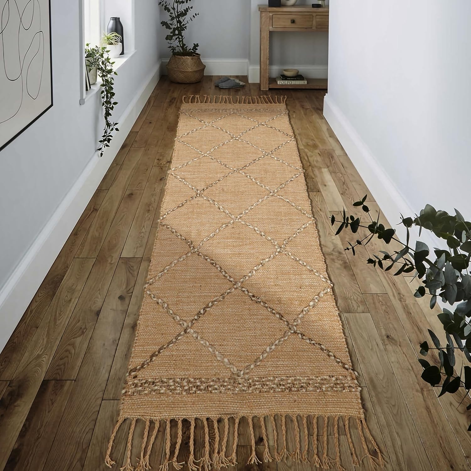 Hausattire Jute Boho Area Rug 4'x6' - Natural Beige, Non Slip Large Diamond Checkered Carpet for Living Room, Kids Playroom, Bedroom Floor | Farmhouse Decorative Woven Rugs - 48x72 Inch