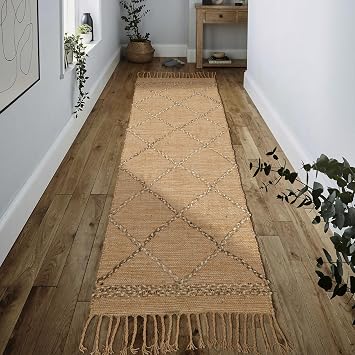 Hausattire Jute Boho Runner Rug 2x6 - Natural Brown, Non Slip Long Geometric Trellis Rustic Rugs for Hallway, Kitchen, Bedroom | Modern Entrance Mat for High Traffic Area - 24x72 Inch