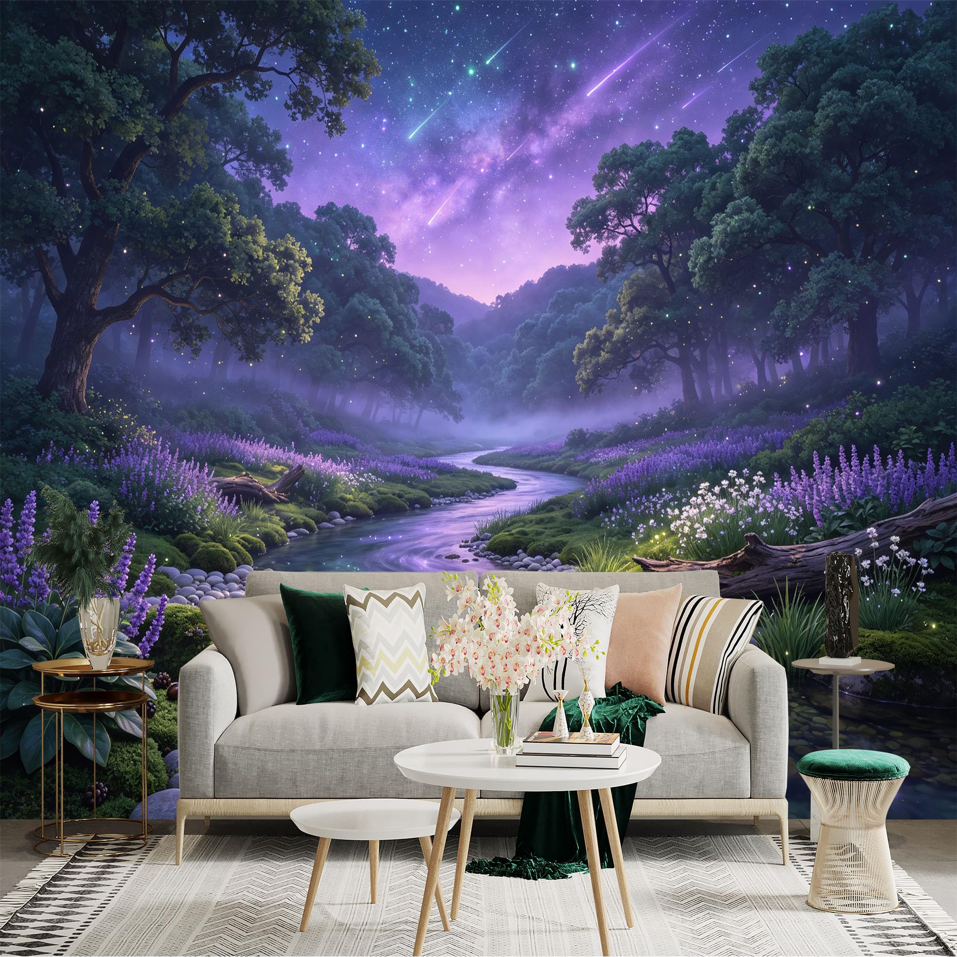 Lnzczhyre Bh260719756 Custom Size Wall Sticker Mural， Enchanted Purple Forest， Glowing River And Starlit Sky， Magical Nature Landscape， For Wall Decoration， Peelandstick Wall Decals.
