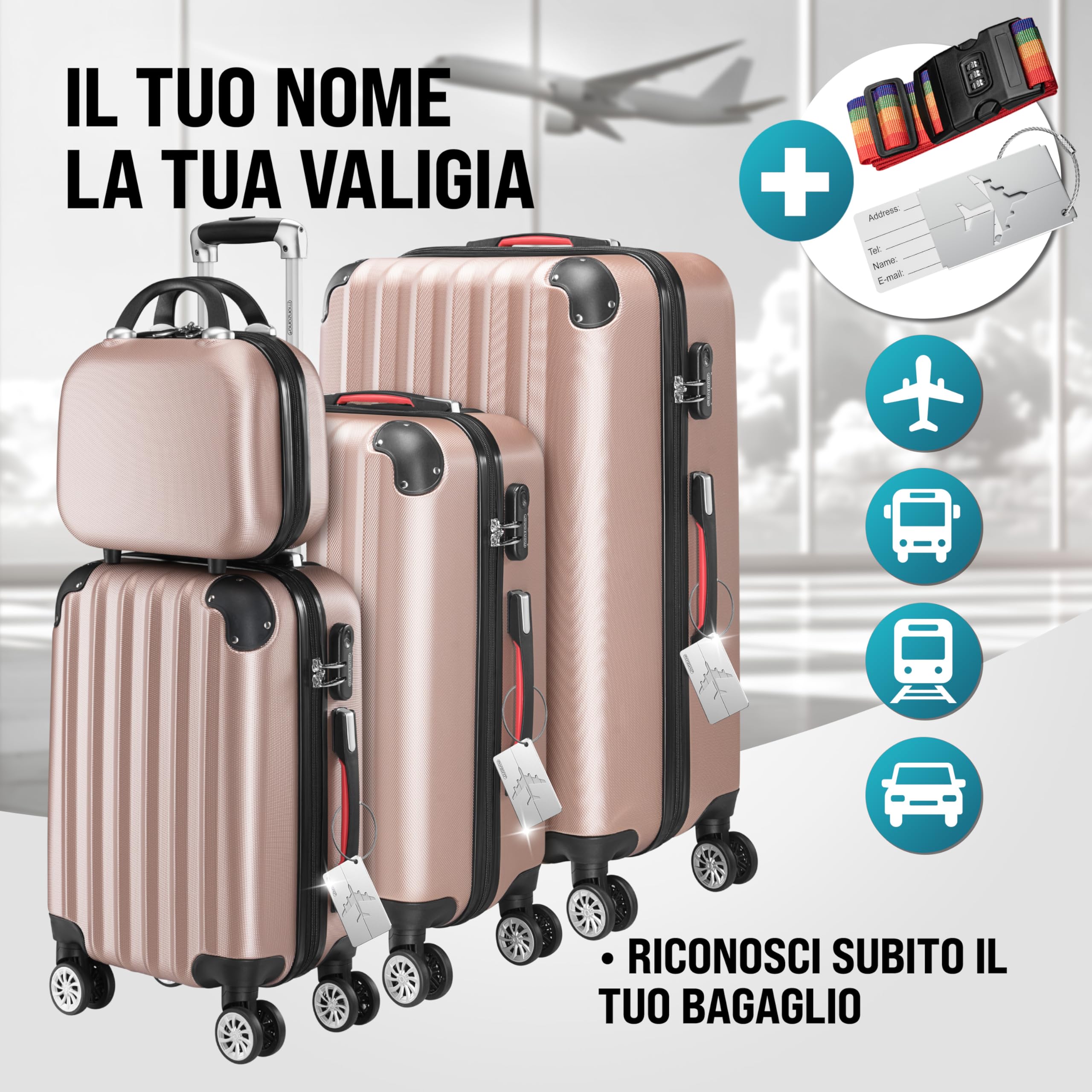 Monzana Set Valigie Rigide 4pz con Beauty Case incl. Lucchetto Organizer Bilancia Trolley Bagaglio Rosa