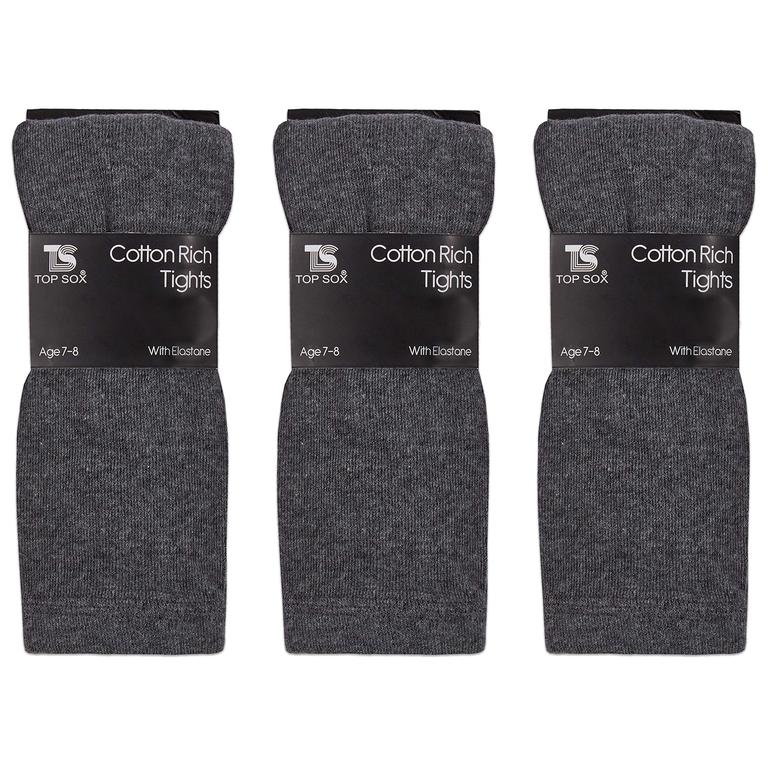 Top Sox Girls Grey Childrens 3 Pairs Plain Tights Back To School Everyday Cotton Rich Leggings 3-4