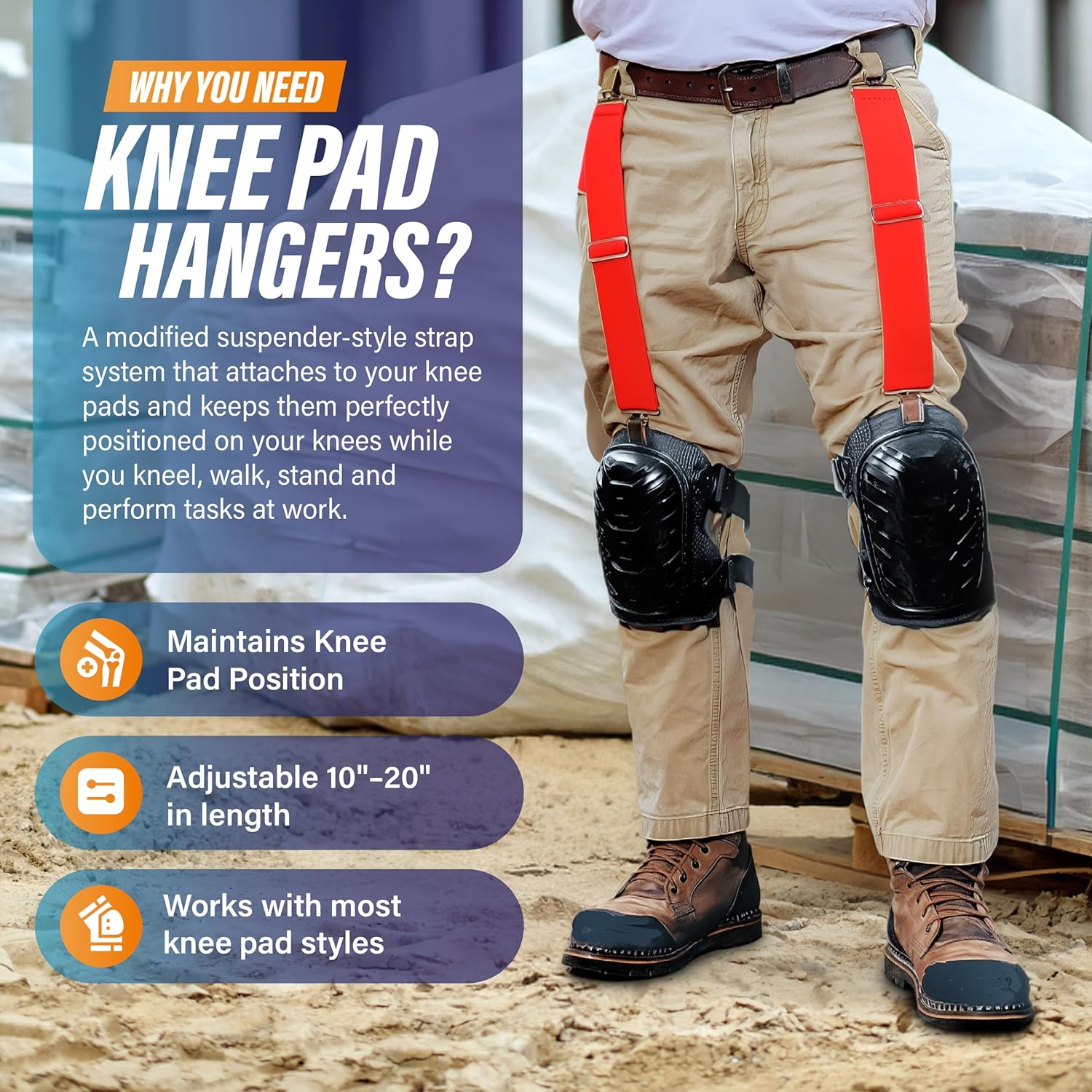 Professional Knee Pad Accessory for Work Knee Pads, Adjustable Straps, Guaranteed to Keep Your Knee Pads on Your Knees While Performing Tasks, Designed for Tile Installers and More, Yellow Tape Measure