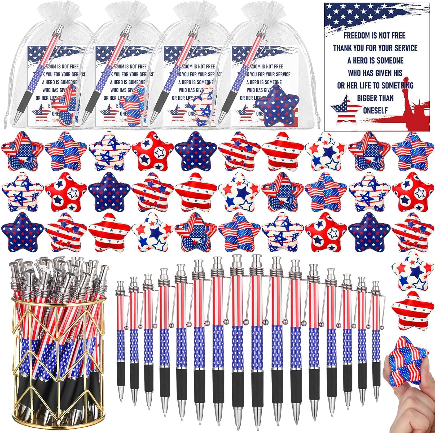 JellyArch 128 Pcs Patriotic Party Favors Bulk Include Patriotic Ballpoint Pens 2.75 Inch American Flag Stress Balls Gift Cards Organza Bags for Veterans Day, 4th of July, Memorial Day(Heart Shaped)