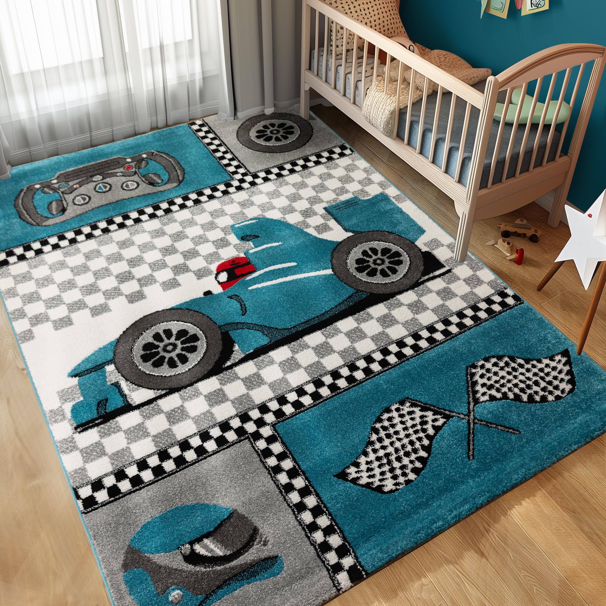 Carpettex Tapis pour Enfants avec Un Design de Voitures de Course pour la Chambre de bébé, Facile à Entretenir, Couleur: Bleu, Taille: 80 x 150 cm