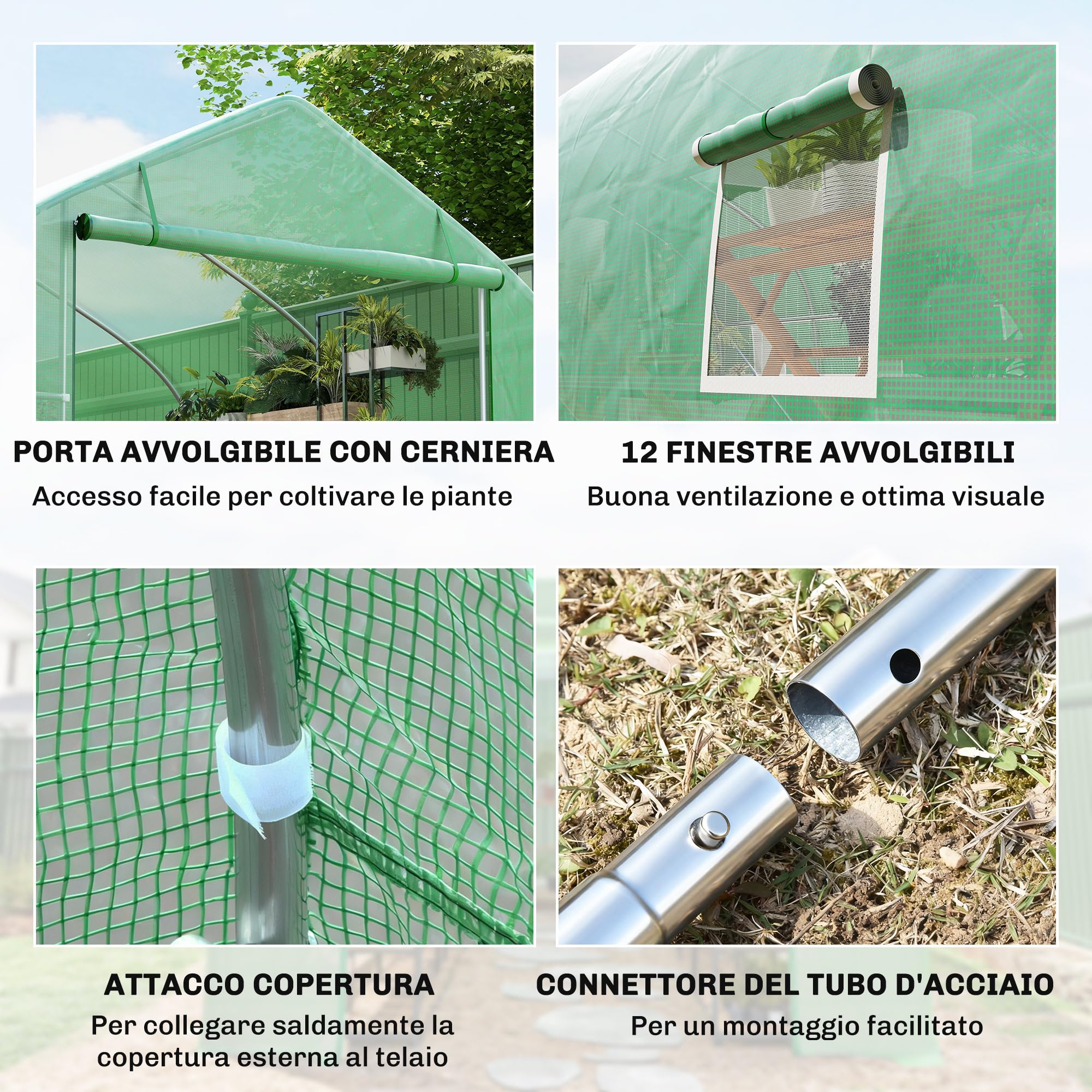 Outsunny Serra da Giardino a Tunnel 8x3x2 m con Porta Avvolgibile, Serra per Orto a Punta con 12 Finestre, Copertura in PE e Struttura in Acciaio, Verde