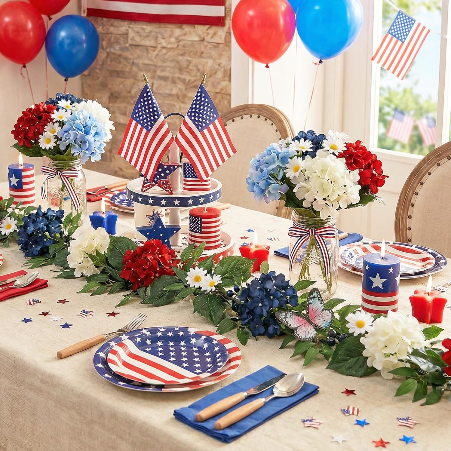 Valery Madelyn 9FT Patriotic Hydrangeas Garland with Lights for Mantle, Red White Blue Summer Floral Daisy Garland with Eucalyptus Leaves Butterfly for 4th of July Independence Day Decor