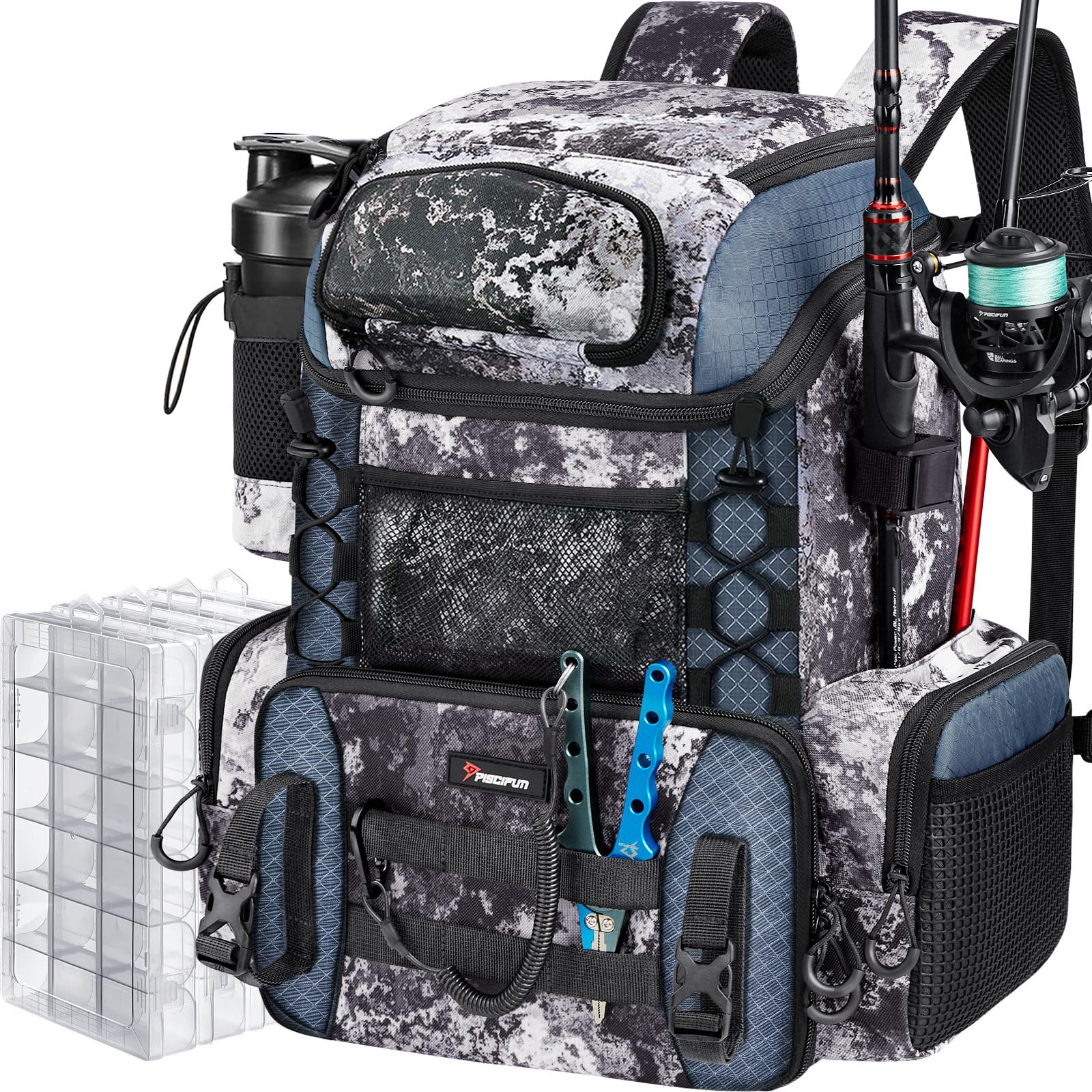 Piscifun Fishing Tackle Backpack with Rod Holders & 4 Tackle Boxes, 42L Outdoor Fishing Bag with Waterproof Rain Cover