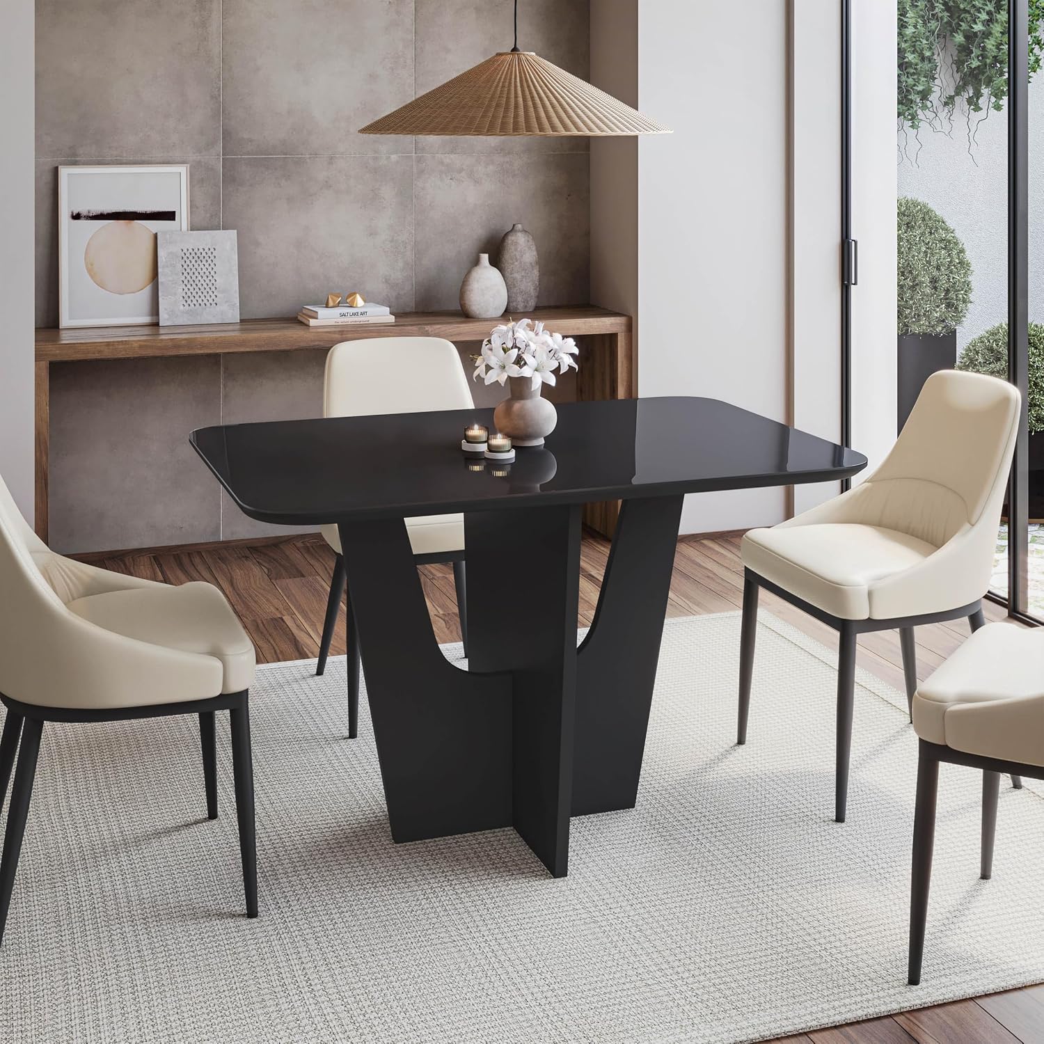 Modern Painted Glass Dining Table for 4 with Tempered Glass Top and Contemporary Wood Base, Elegant and Compact Italian-Style Design for Dining Rooms, Black