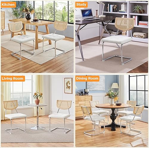 Miniatura 6 de Yaheetech Juego de 4 sillas de comedor de ratán, sillas de cocina modernas de mediados de siglo con patas de metal y asiento tapizado para el hogar,