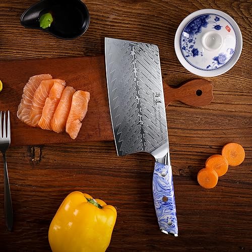 Miniatura 8 de SHANGDAO Cuchillo de chef chino de 7 pulgadas, cuchillo de cocina profesional para verduras, acero de damasco forjado con mango de resina azul y