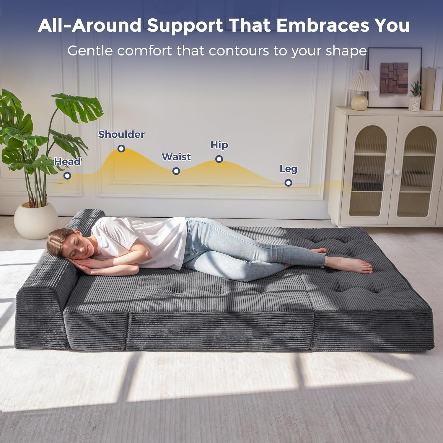 MAXYOYO 8" Folding Sofa Bed, Convertible Sleeper Sofa Lounger Foldable Mattress, Wedge Shape Floor Couch Tufted Fold Out Chair Bed Comfy Floor Couch Lounge for Living Room Bedroom, Loveseat, Dark Grey