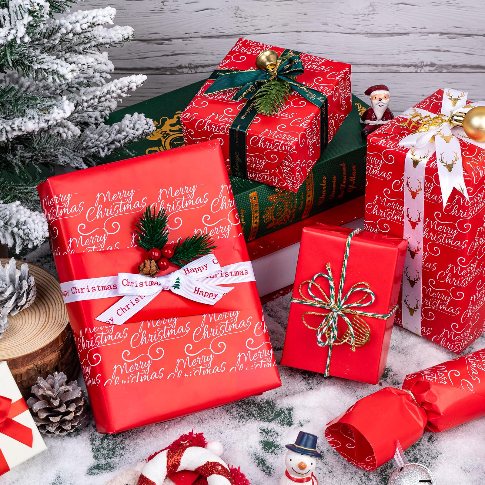 WRAPAHOLIC Wendbares Weihnachts-Geschenkpapier – 76,2 cm x 30 m Jumbo-Rolle Merry Christmas Schriftzug und solides rotes Design
