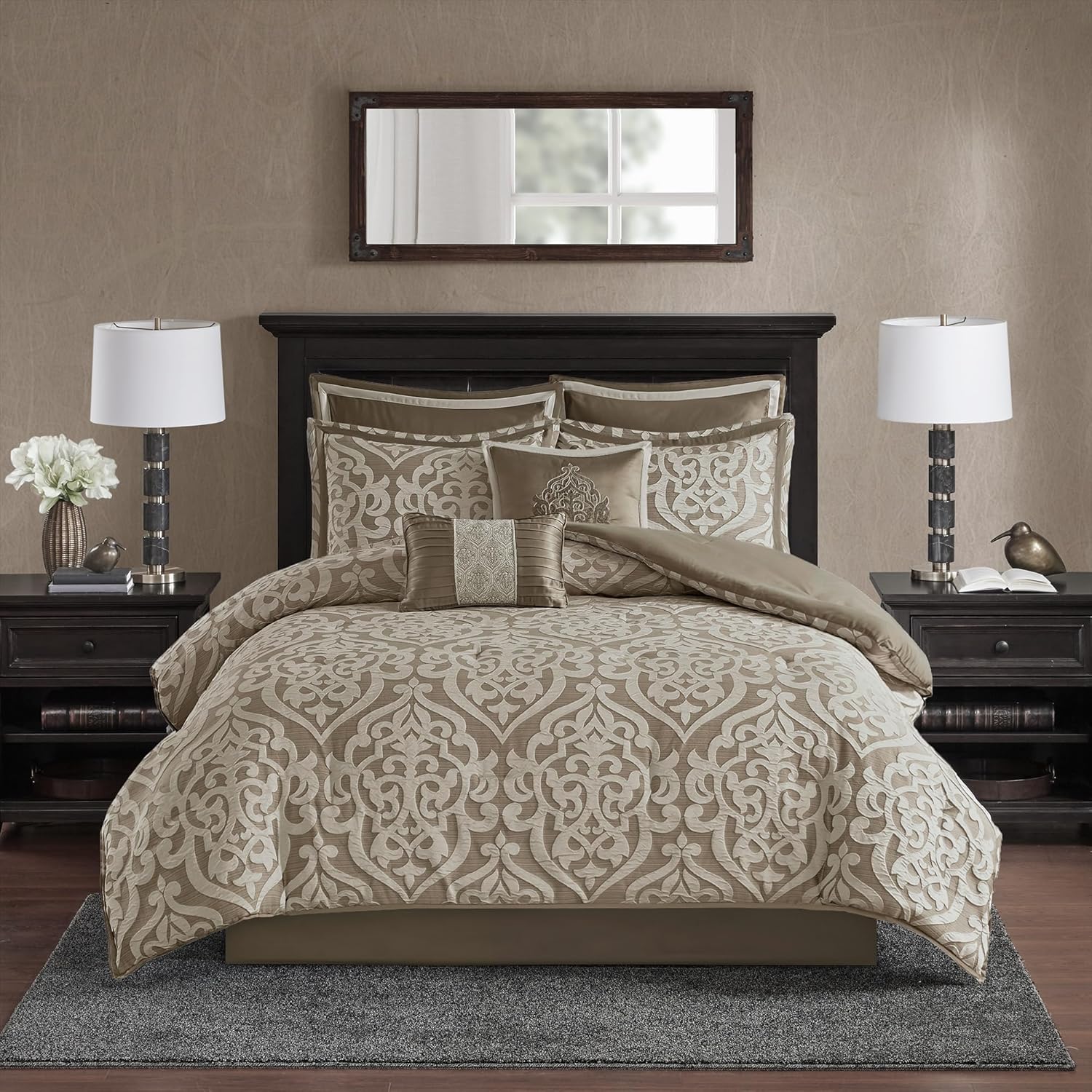 Madison Park Odette Cozy Comforter Set Jacquard Damask Medallion Design - Modern All Season, Down Alternative Bedding, Shams, Decorative Pillow, King(104 in x 92 in), Tan 8 Piece Tan/Ivory King (104 in x 92 in)