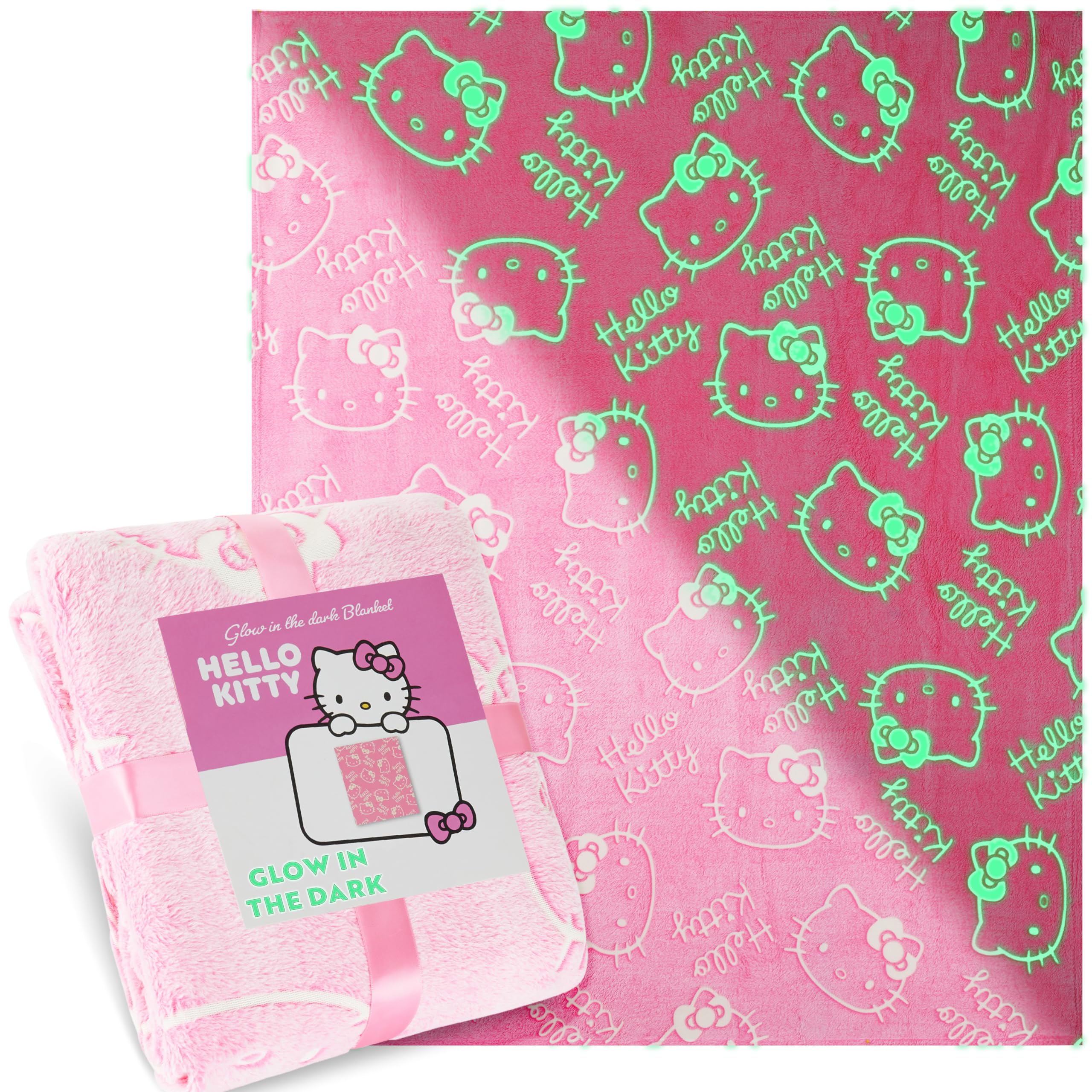 Hello Kitty Sanrio Glow in The Dark Throw Blanket 51x59” for Girls Teens Women, Soft Fleece Throw Blanket for Sofa Bed, Kawaii Gifts for Kids (Pink Hello Kitty)