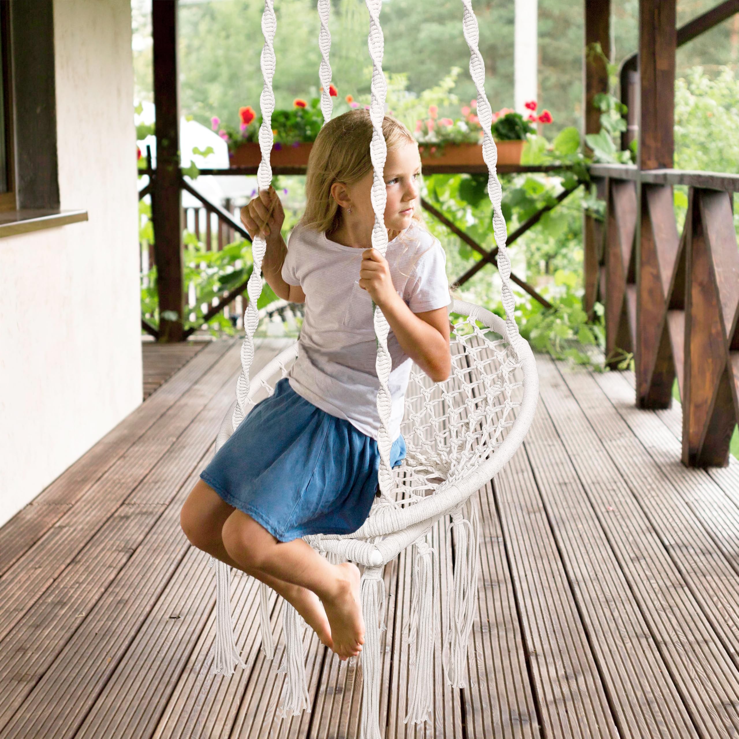 Decazone Boho-Chic Macrame Swing Chair Hand Woven Jhula for Living Room Balcony Cafe for Kids, Adults Without Mattress 50L x 16.5D X 233H, Beige-image-9