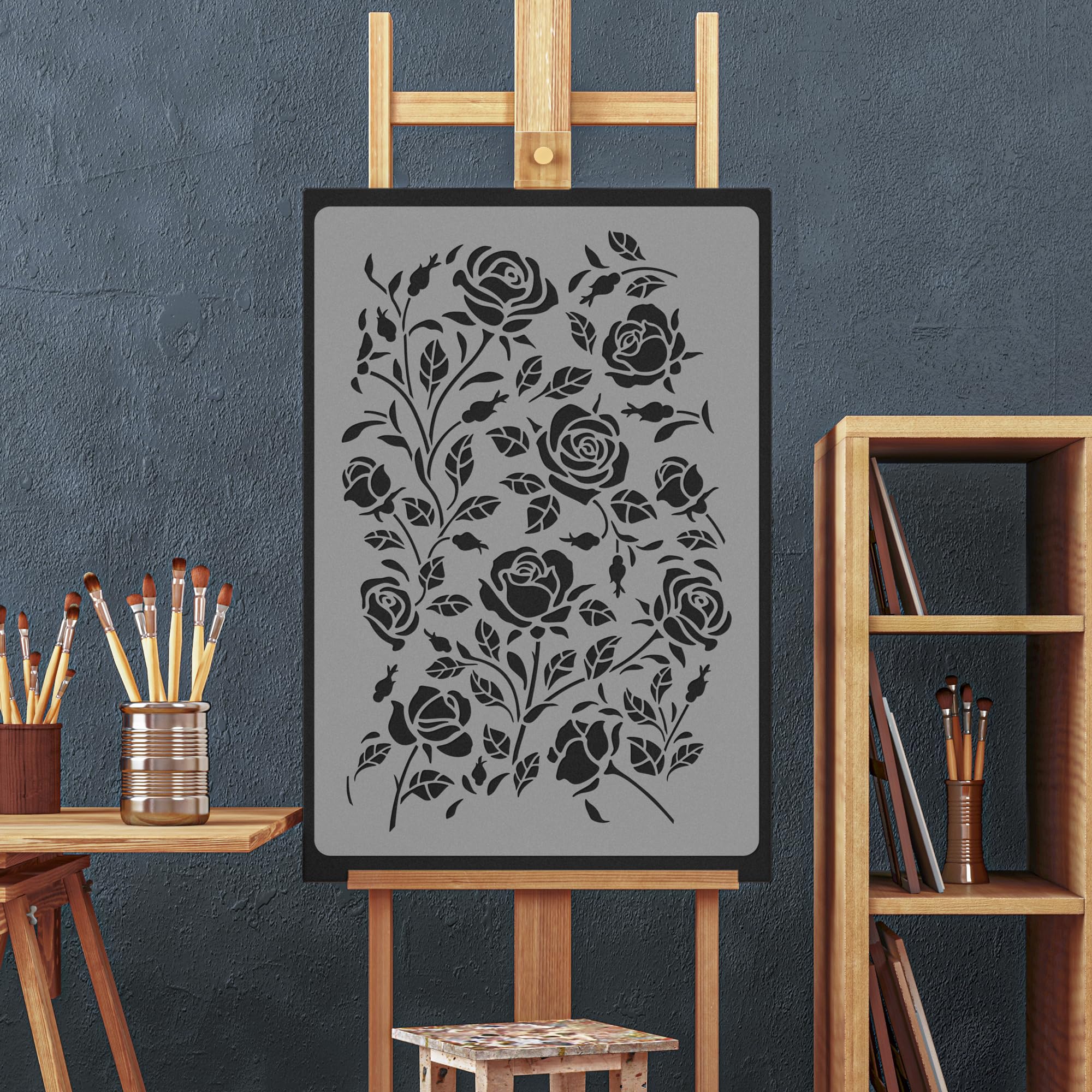 NAKLEO Stencil per Pittura Grandi Dimensioni 59x95cm, Dorato Rosa Fiore Geometrico Modello per Pareti, Plastica e Riutilizzabile Fai Da Te Carta da Parati Decorazioni Casa, Muro Legno Mobili