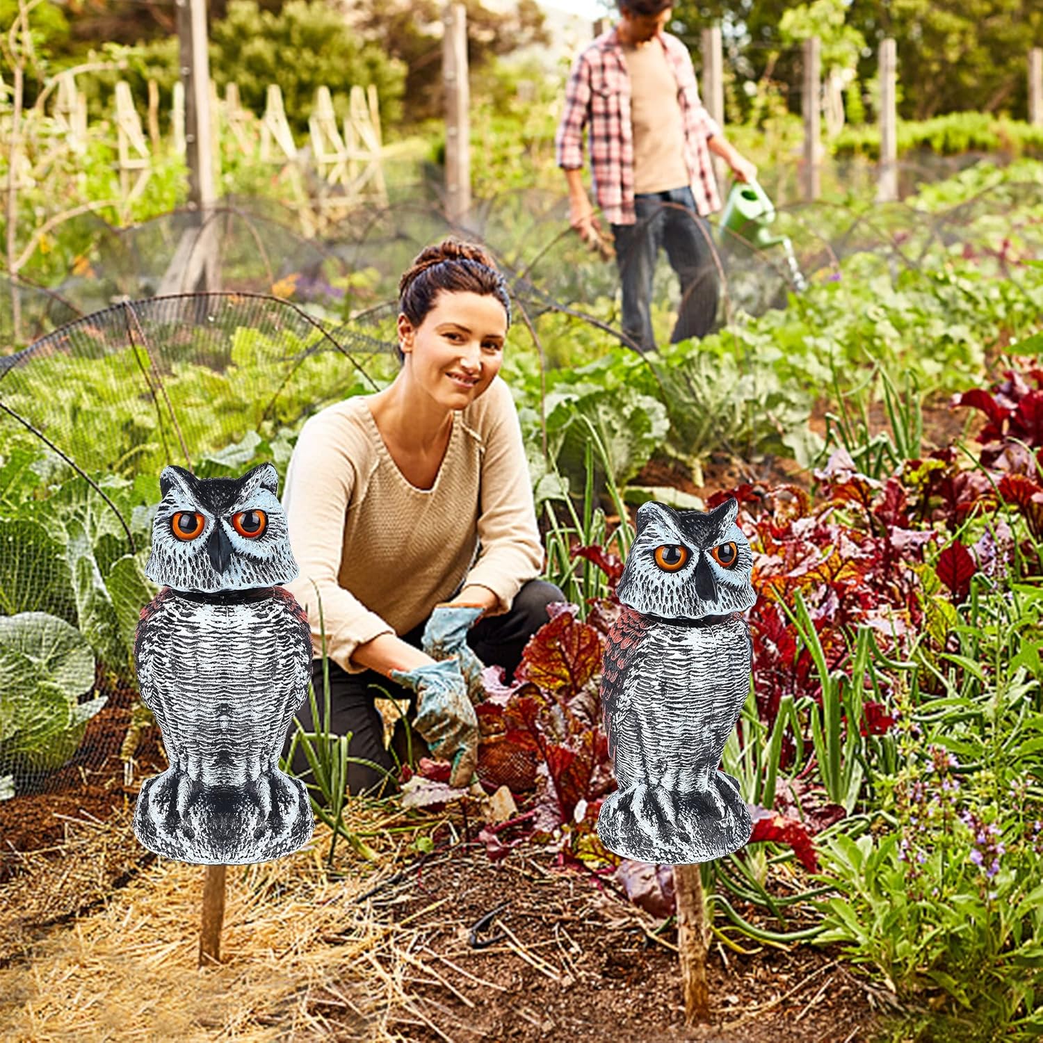 Hausse 2 Pack Fake Owl Decoy Bird Scarecrow Sculpture, Rotating Head Plastic Owl Bird Deterrents, Nature Enemy Horned Pest Repellent for Outdoor Garden Yard