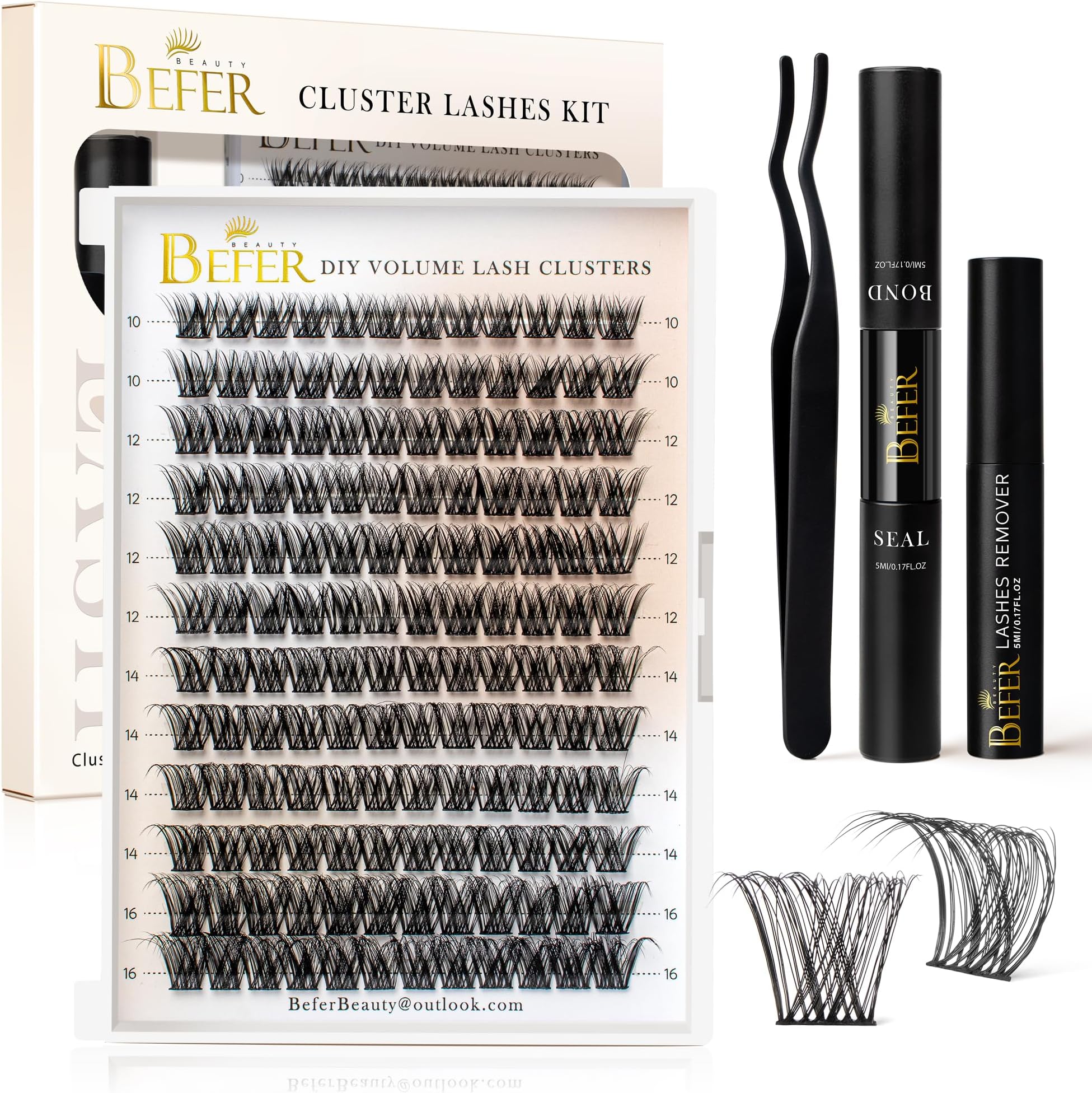 BEFER Lash Clusters Kit, 144 Pcs D Curl Eyelash Clusters Volume Individual Lashes Extensions Bond and Seal Gentle Remover 10-16MM Wispy Eyelash with Tweezers DIY At Home(Radiance, FD03 Kit)