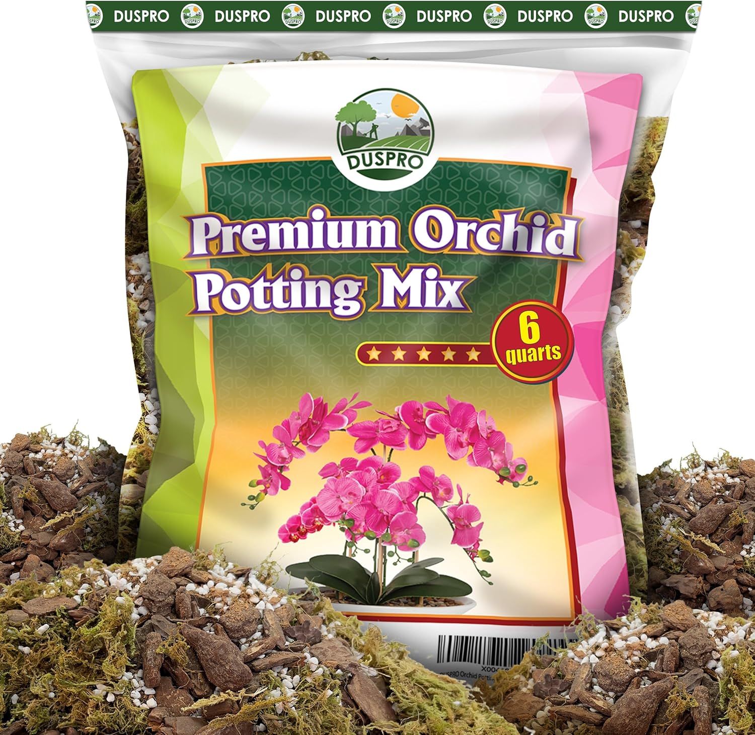 DUSPRO 6QT Orchid Potting Mix for Repotting with Moss Pine Bark Mulch Perlite Stone & Coco Peat Natural Ingredients, Orchid Bark Potting Mix, Orchid Repotting Kit Drainage Indoor Potting Medium Great 6 Quarts