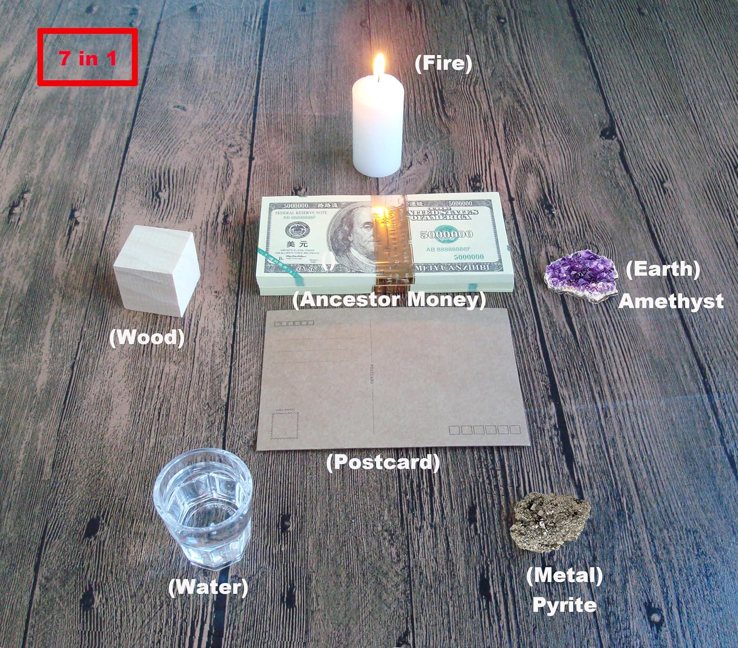 Honoring Ancestors, 7 in 1 Feng Shui Five Elements Kits | Ancestor Money and Postcard,Pray for Wealth and Good Fortune, wealth,official positions and levels,destiny fate,prosperity