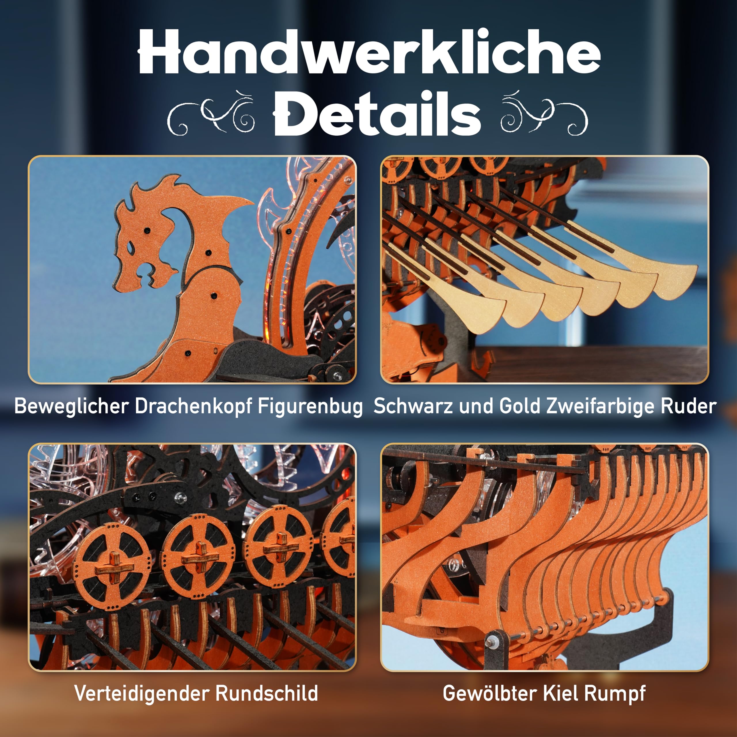 ROBOTIME Holzpuzzle Erwachsene Modellbausatz Schiff, 3D Puzzle Holz Holzpuzzle Erwachsene, Wikingerschiff mit Motor und LED-Leuchten, Mechanischer Zahnradantrieb, Geschenke Drachenschiff LK802