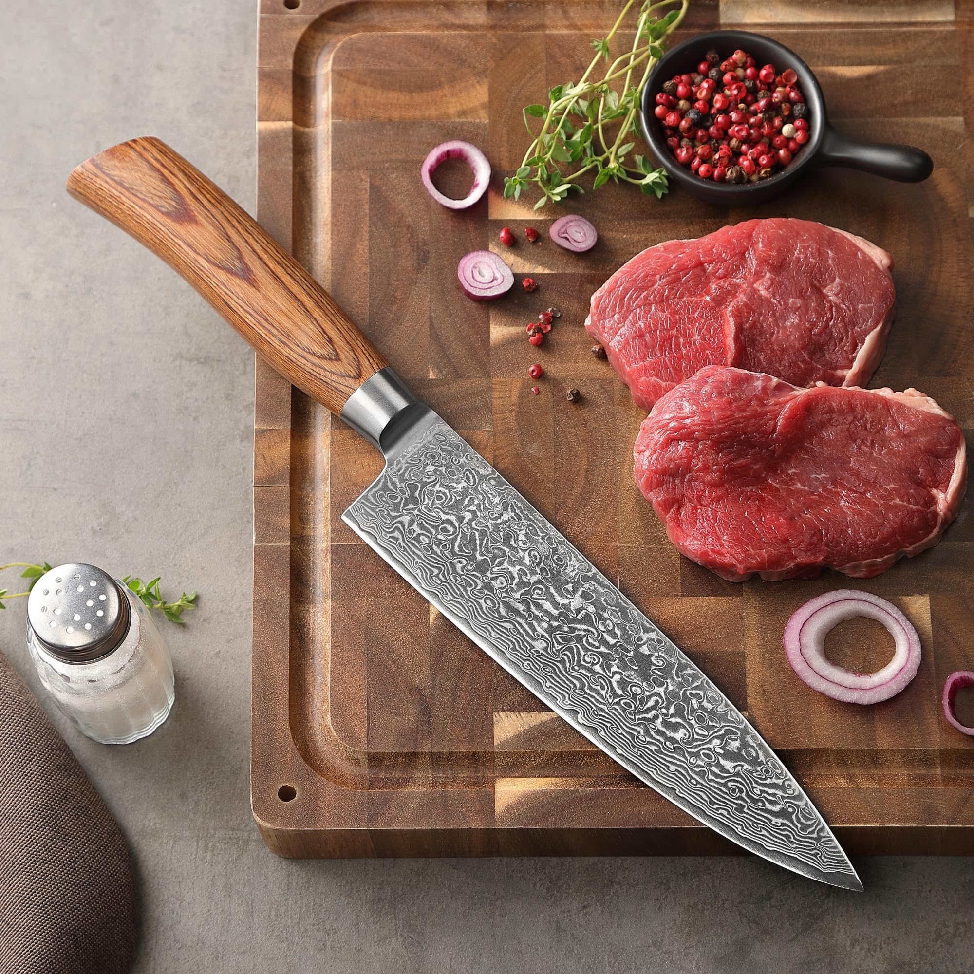 WAKOLI EDIB Pro Couteau Chef de Cuisine Professionnel en Acier Damas 20 cm | lame à 67 couches avec noyau VG10, manche ergonomique en bois de pakka, tranchant précis, pour émincer, hacher et découper