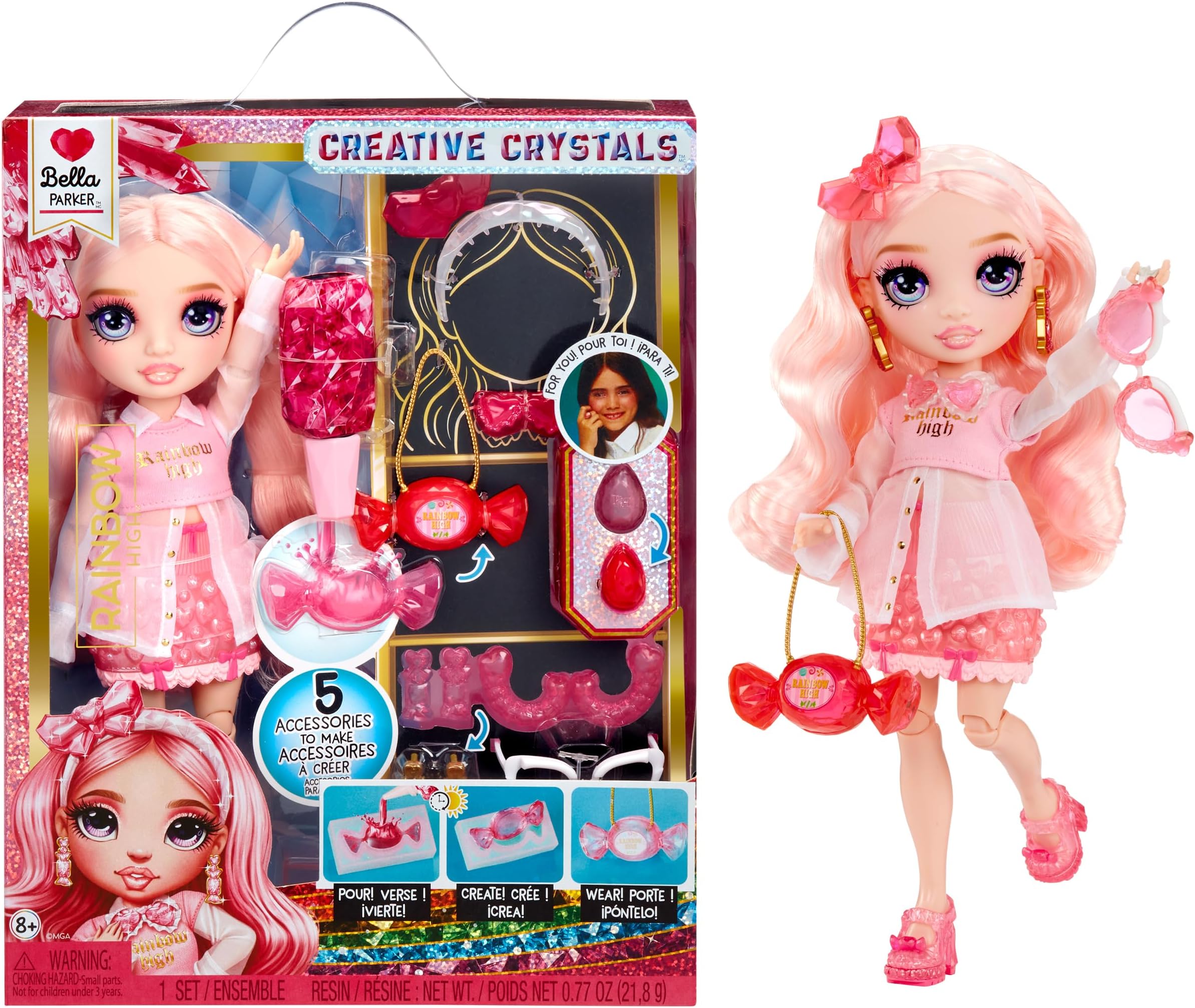 Creative Crystals Bella - Pink 11” Fashion Doll with Crystal Accessory Make It Kit, Ring for You, DIY, Crafts, Resin Play, Kids Gift 8+