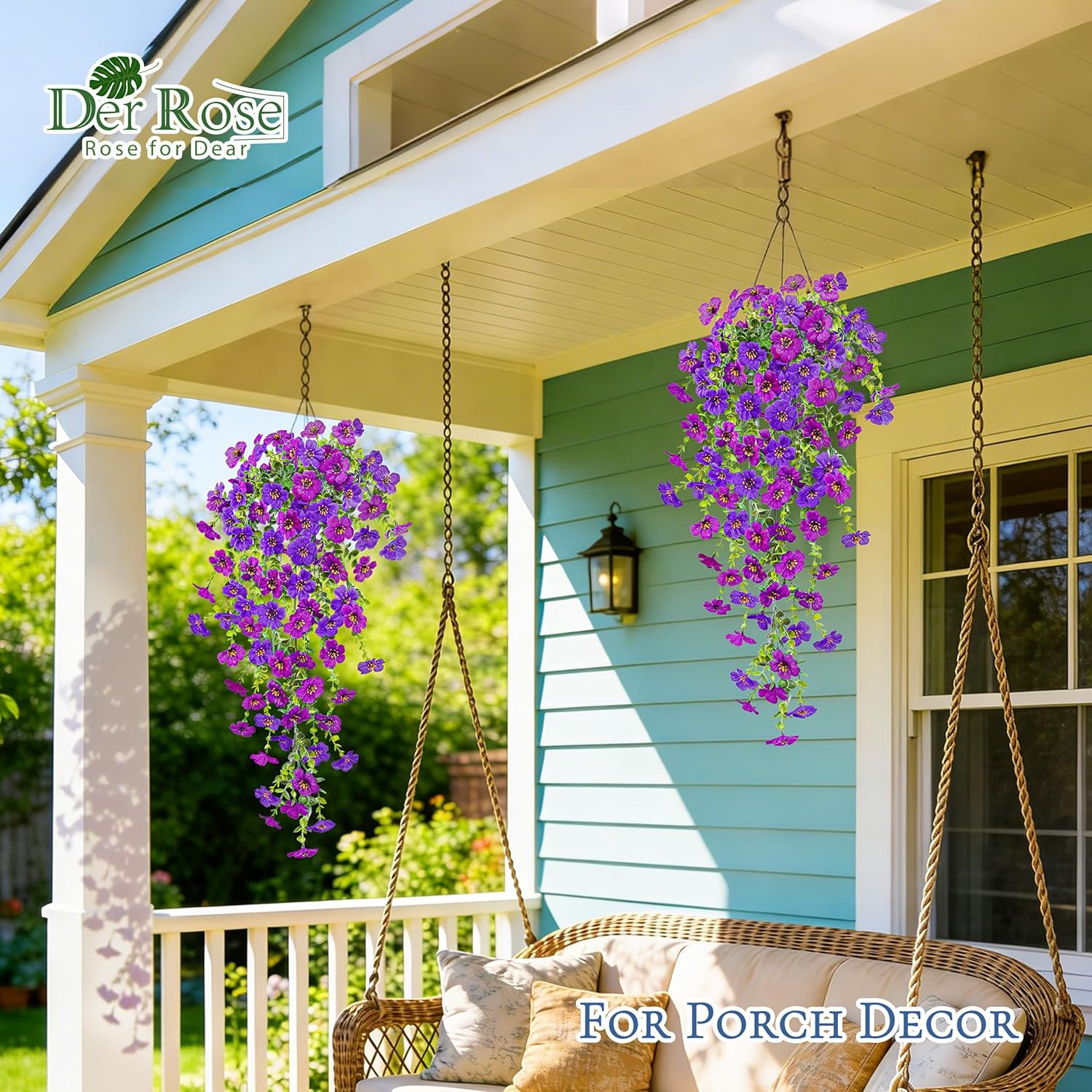 Der Rose Artificial Flowers for Outdoors UV Resistant Fake Hanging Flowers for Spring Decoration, Realistic Faux Flowers with Trailing Vines for Porch Patio Balcony Fence Garden Decor