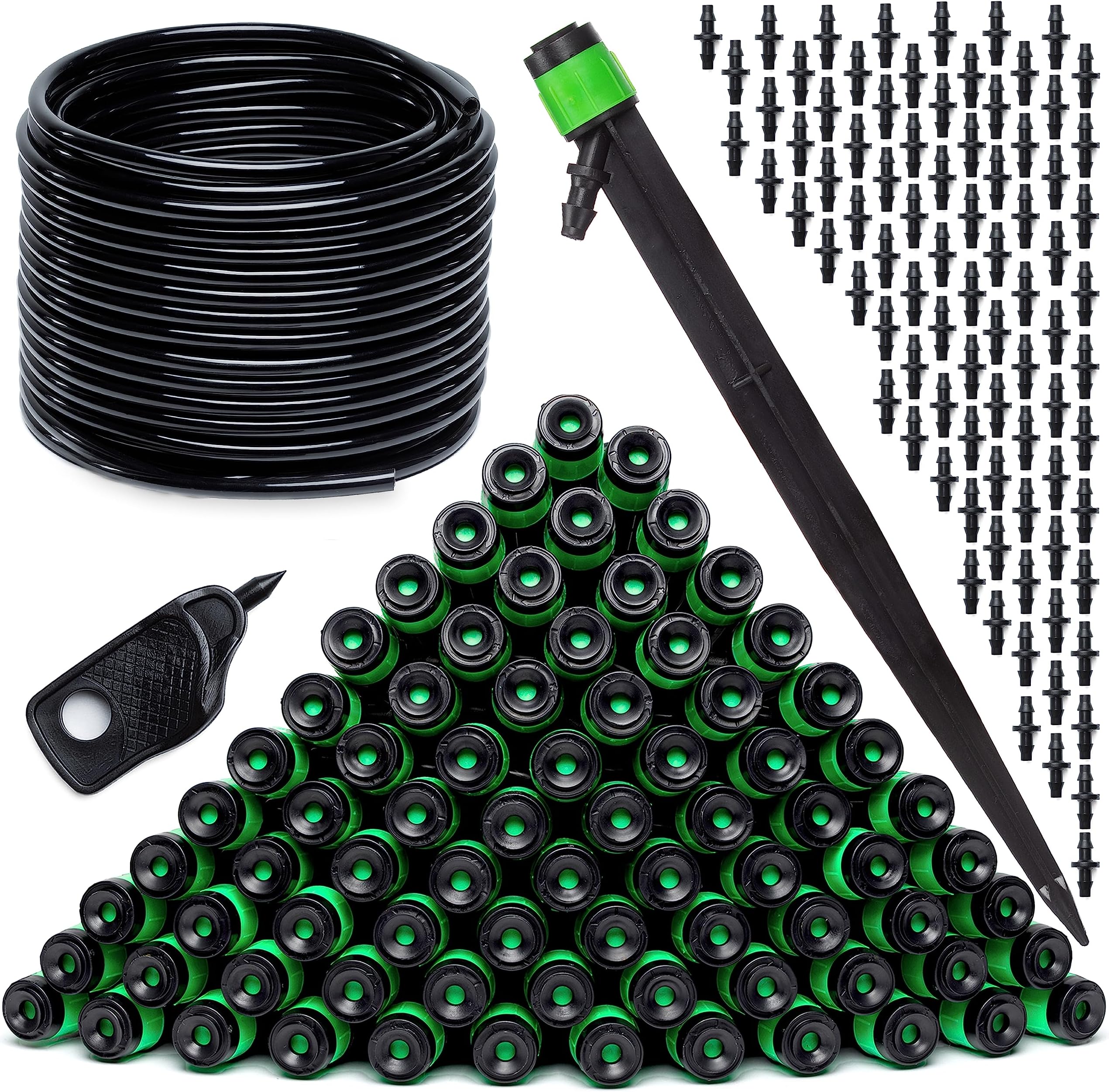 CARPATHENDrip Irrigation Emitters Vortex - 100 pcs Drip Sprinkler Head for 1/4 inch Drip Irrigation Tubing + 1/4 Drip Irrigation Tubing - 100 ft Black Drip Irrigation Hose