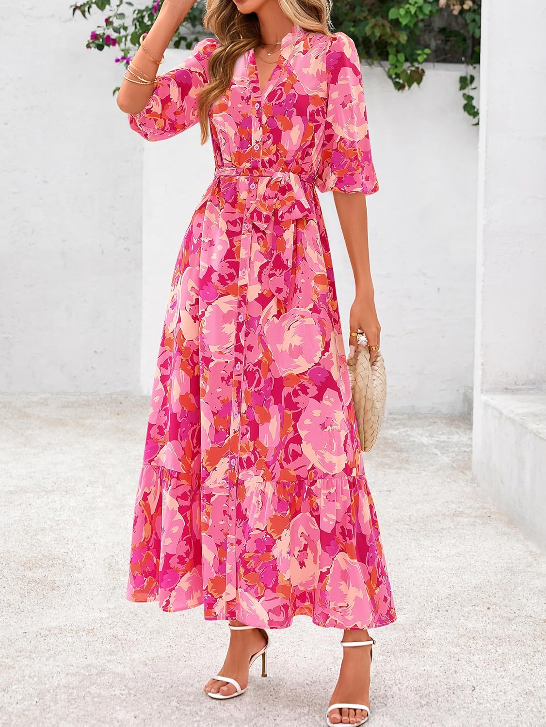 MASCOMODA Womens Floral Maxi Dresses Boho Summer Casual V Neck 3/4 Puff Sleeve Button Down Tie Waist Long Flowy Shirt Dress - Image 4