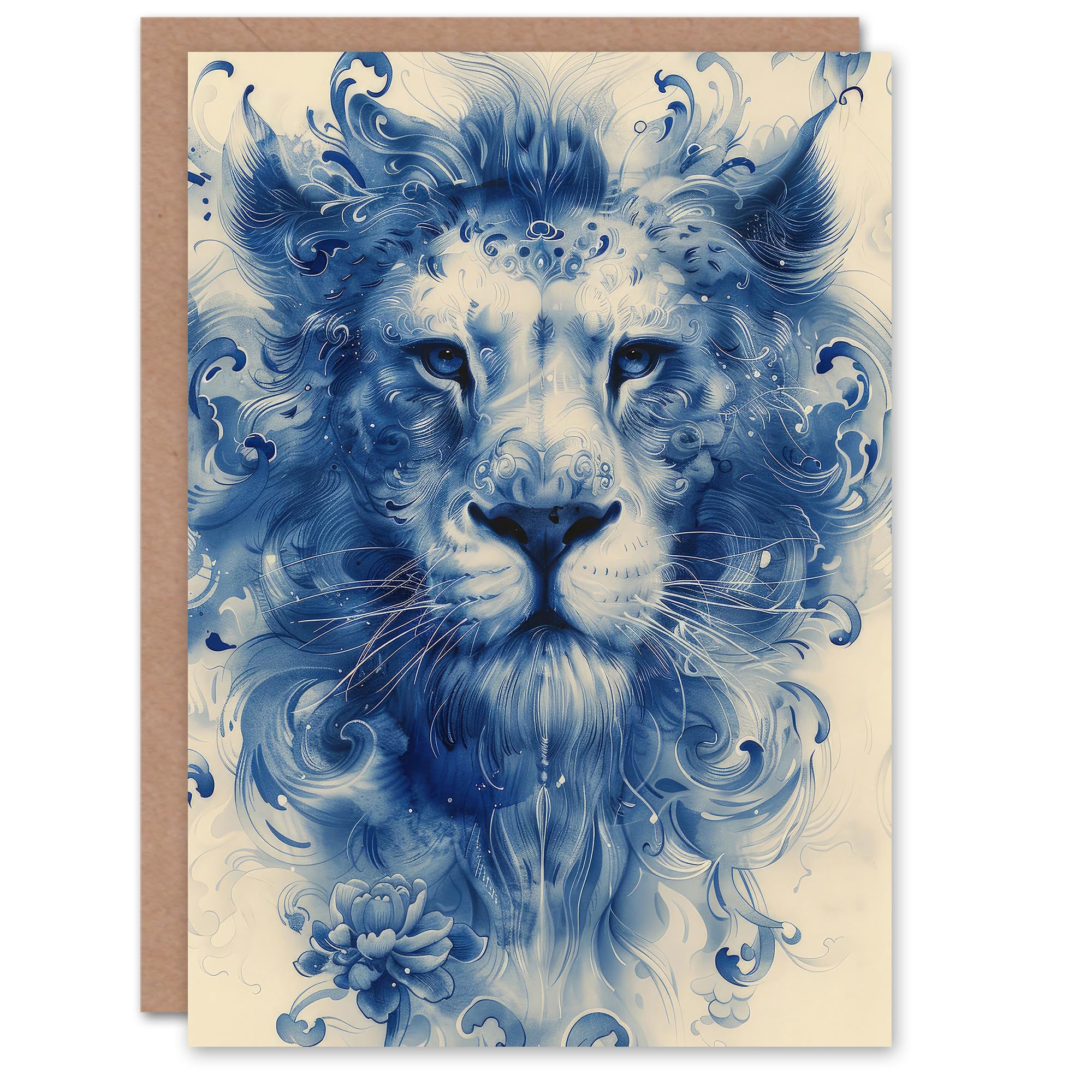 Artery8 Birthday Card Blue Chinese Porcelain Floral Lion Head For Him Man Male Dad Brother Son Papa Grandad Greeting Card