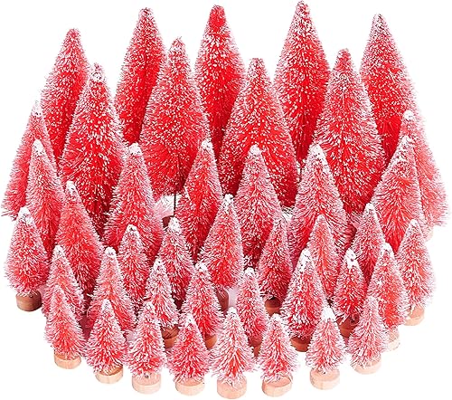Yookat 40 mini árboles de pino artificiales con base de madera, árboles de sisal para botellas, árboles de cepillo de colores surtidos para