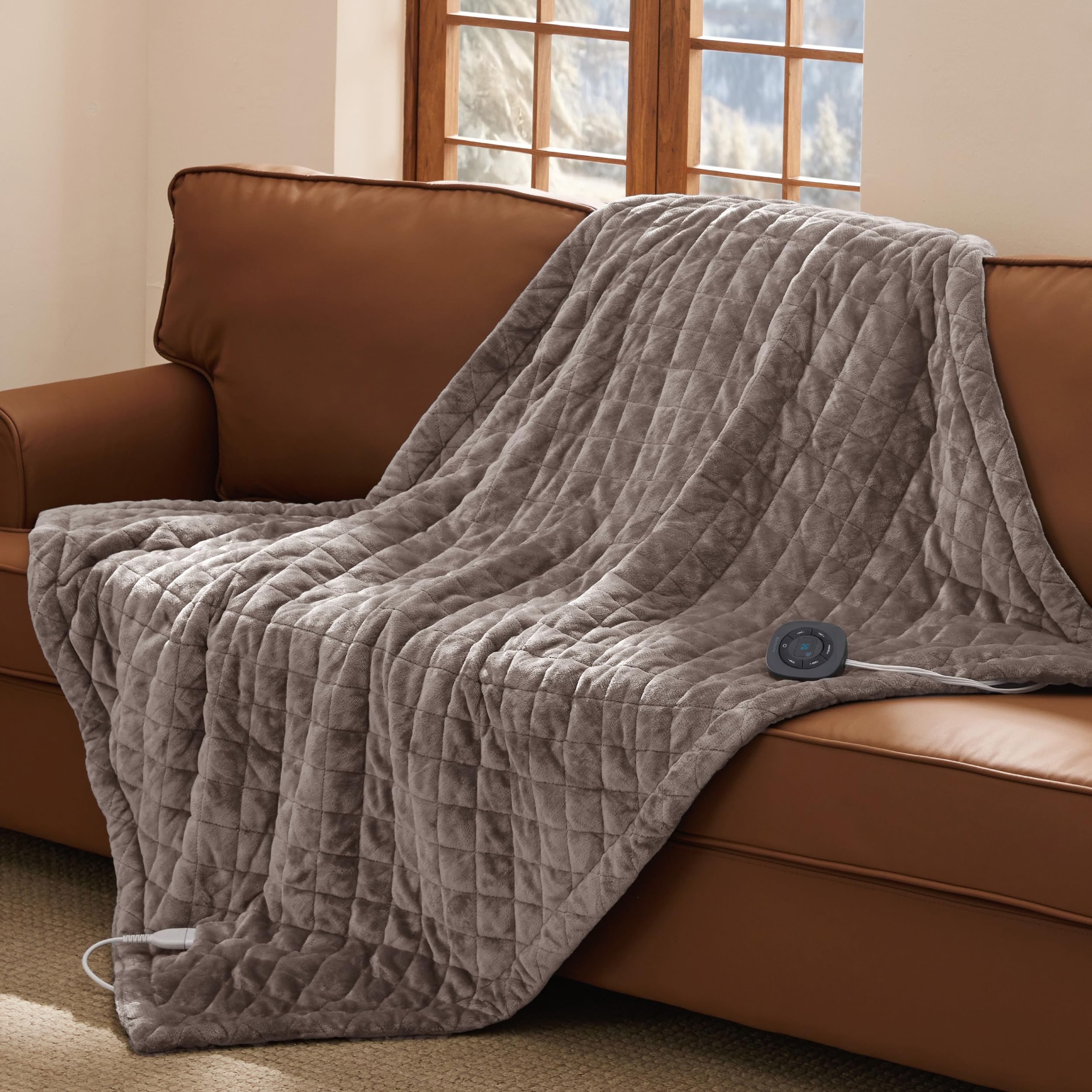 Bedsure Luxury Quilted Heated Throw Blanket, Thick Electric Blanket, Taupe