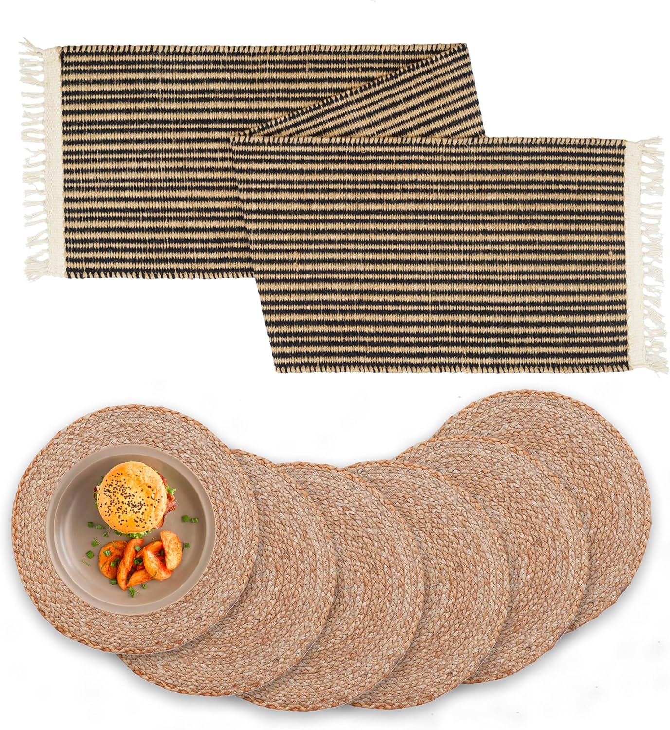 Eco Crave 1 Pack Jute Table Runner and Placemats Set of 6 –13 inch Hand Woven Natural Round Jute Place mat Set of 6 with 1 Table Runner 72’’x12’’, Rustic Heat Resistant Boho Dining Table Protector